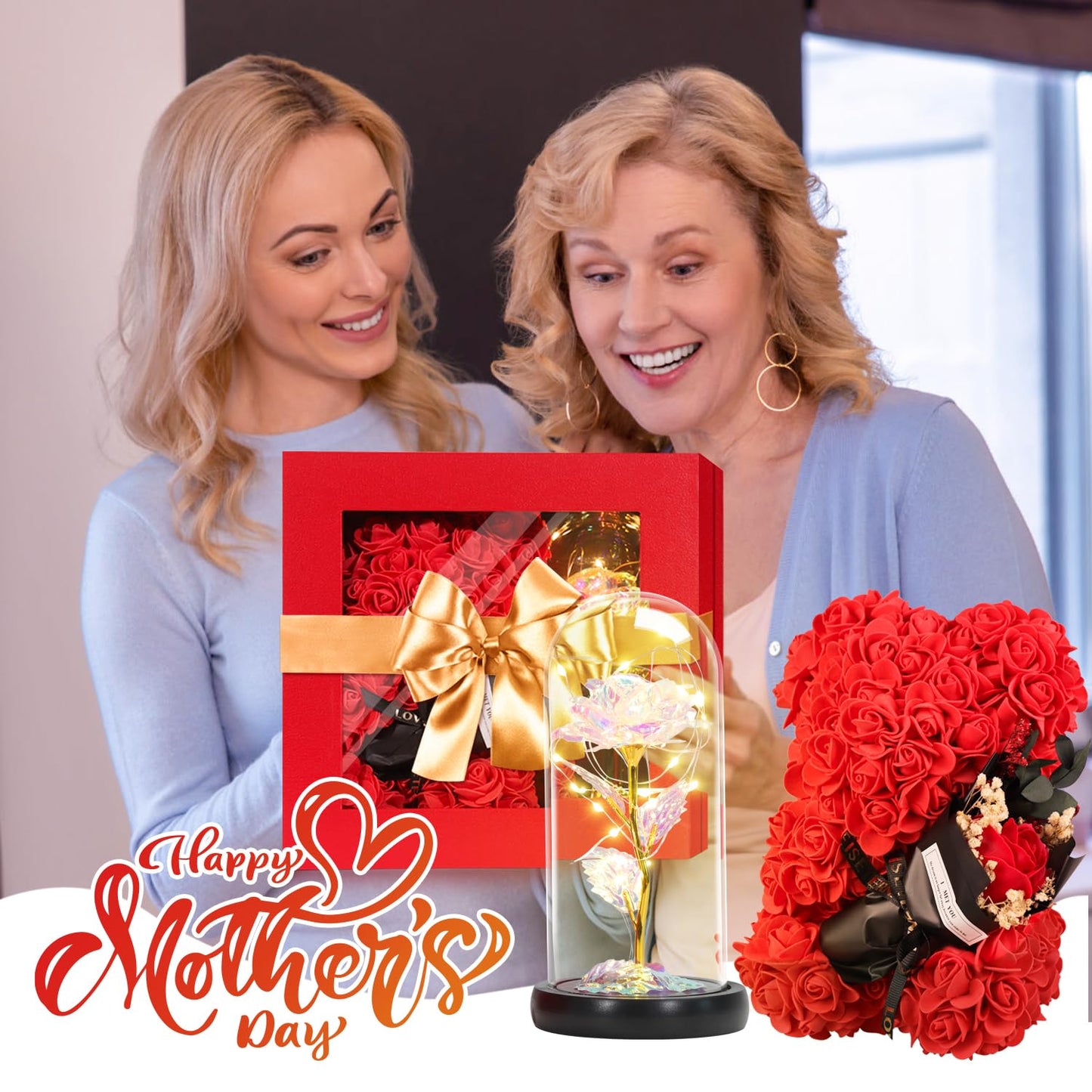 Mothers Day Rose Gifts for Mom Women Wife Girlfriend, Rose Bear & Beauty and the Beast-Inspired Rainbow Light-Up Roses Gift Set – Perfect for Valentine’s, Birthday Mother’s Day and Anniversary