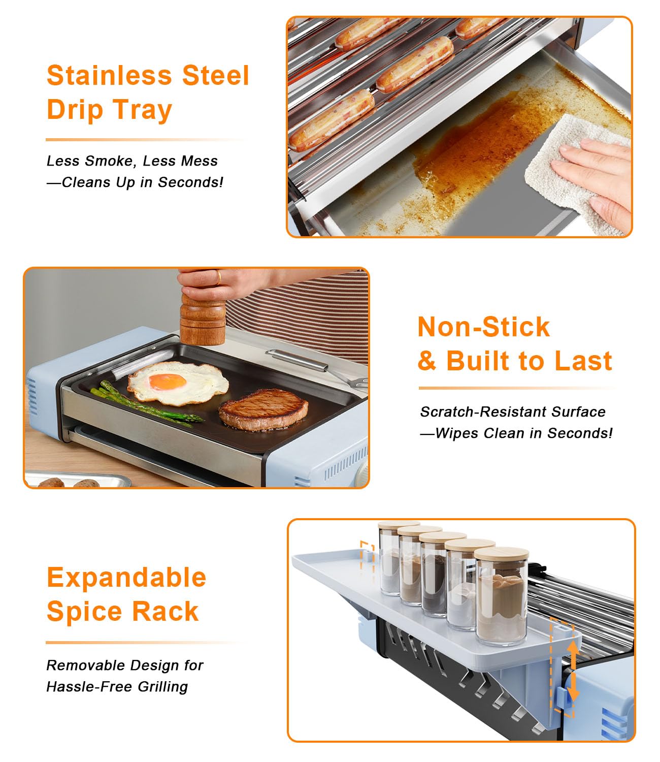 3-in-1 Electric Grill with Hot Dog Roller, Portable Indoor Outdoor BBQ Grill, Griddle and Sausage Roller Machine with Removable Non-Stick Plate & Drip Tray, for Tailgate, Camping, RV, Home Kitchen