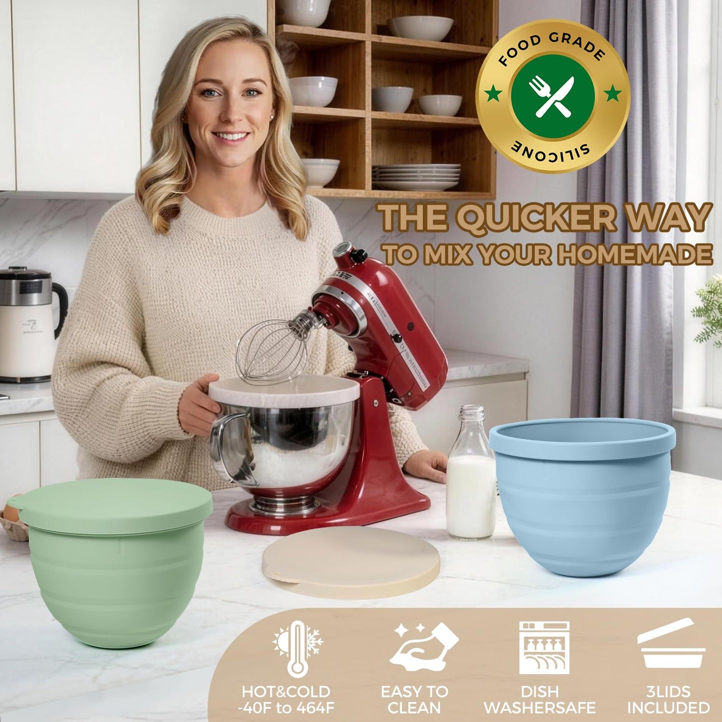 Forenee 5 Qt Collapsible Silicone Liners for KitchenAid Tilt-Head Mixers 3-Pack Bowl Insert Aid Set with Lids, No More Mixer Bowls Needed for Easy Baking