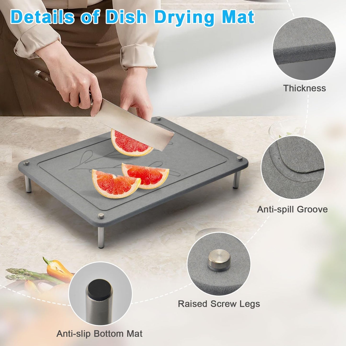 3Pcs Nesting Stone Drying Mat for Kitchen Counter, Quick Drying Dish Drying Mat with Non-Slip Feet, Super Absorbent Heat Resistant Diatomaceous Earth Dish Drying Mat for Dishes, Bottles, Cups-Leaf