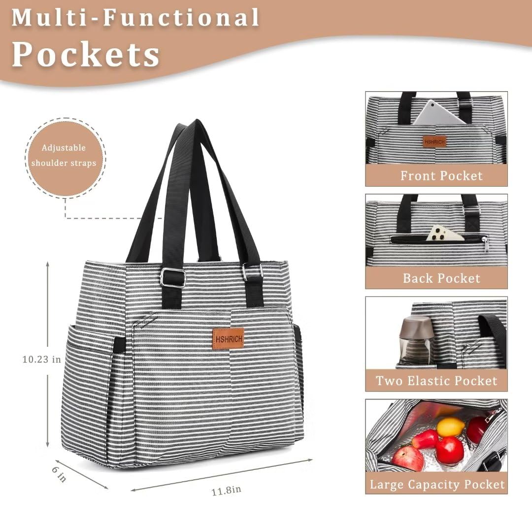 Large Women Lunch Bags/Insulated Adult Lunch Box/Leakproof Cooler Lunch Tote Bag with Storage Pocket. Reusable Lunch Purse for Work Picnic Hiking 12L, Stripe