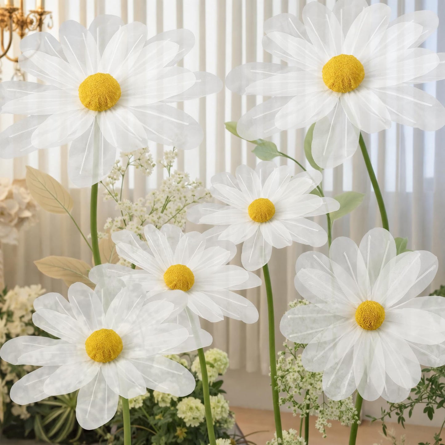FineCheer 6 Pcs White Large Daisy Flowers for Decoration 12'' 15.8'' 20'' Giant Silk Artificial Flower Fake Daisy for Wedding Garden Birthday Party Bridal Baby Shower Decor, Rod is Not Included