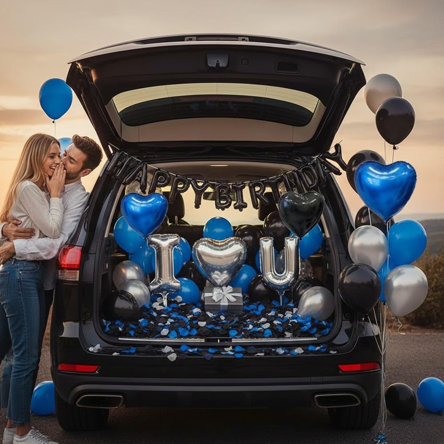 Blue Black Silver Balloons with I LOVE YOU & HAPPY BIRTHDAY Foil Balloons & Rose Petals for Romantic Special Night, Anniversary, Valentine Day, Birthday Decorations for Him, Bedroom, Hotel Room