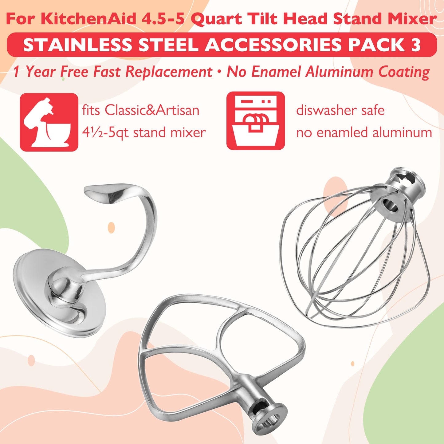 Wiselet Stainless Steel Accessories for KitchenAid 4.5-5 Qt Tilt Head Stand Mixer, Includes 6 Wire Whisk, Flat Beater, Dough Hook for KitchenAid, Dishwasher Safe and Heavy Duty, Fits for KSM45, KSM150