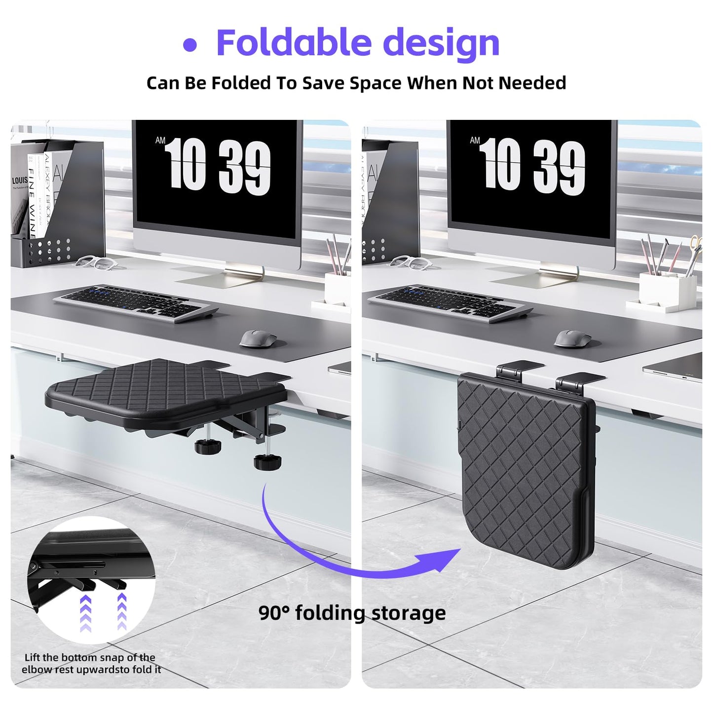 Arm Rest for Desk, 90°Foldable Computer Wrist Rest Shelf with Sponge Padding, Clamp on Arm Support, Ergonomic Sturdy Desk Extender for Office & Home, Durable & Easy to Install (All Black)