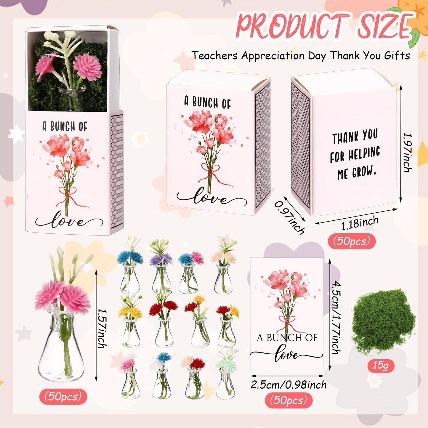 Wonderjune 50 Sets CNA Week Gifts Bulk for Women Positive Mini Flowers with Bud Vases Office Desk Decor Mini Box Breathing Thank You End of Year Graduation Favors for Coworker (Clear)
