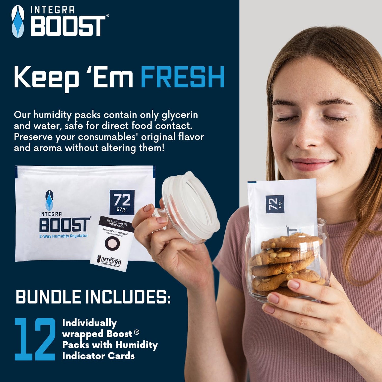 Integra Boost - 72% RH Level - 67 Gram Size - Two-Way Humidity Control Pack - Incl. Replacement Indicator Cards - Food Storage & Herbs Moisture Balancer For Up to 1 LB (Pack of 12)