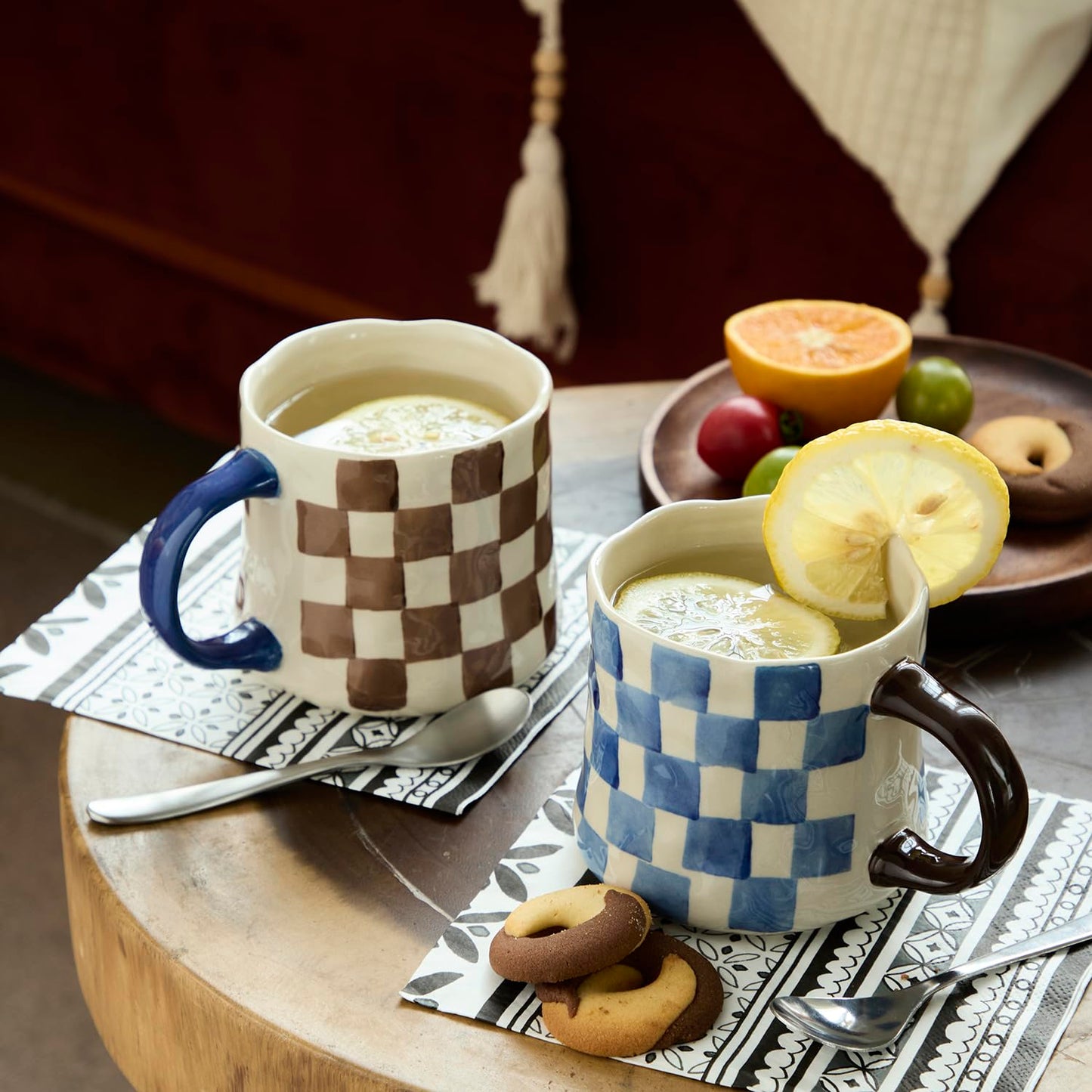 Hand-Painted Ceramic Coffee Mugs Set of 4 – 16oz Large Capacity Artistic Tea Cups with Checkerboard & Striped Patterns, Microwave & Dishwasher Safe for Home, Office, Kitchen (Summer Vibes Collection)