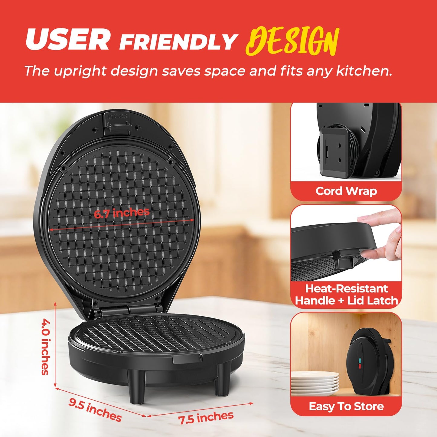 Waffle Cone Maker and Ice Cream Cone Maker with Cone Roller, 1000W Double Side Even Heating Thin Waffle Maker, Makes Crispy Waffle Cones, 7.5" Nonstick Plate Egg Roll Maker, Easy to Clean, Black