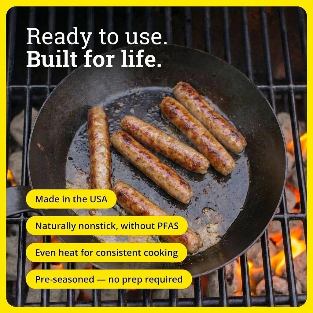 Lodge 10 Inch Carbon Steel Skillet - PFAS-Free Pre-Seasoned Carbon Steel Frying Pan for High-Heat Searing - Long Handle Design for Omelets, Grilling, and Campfire Cooking - Made in the USA
