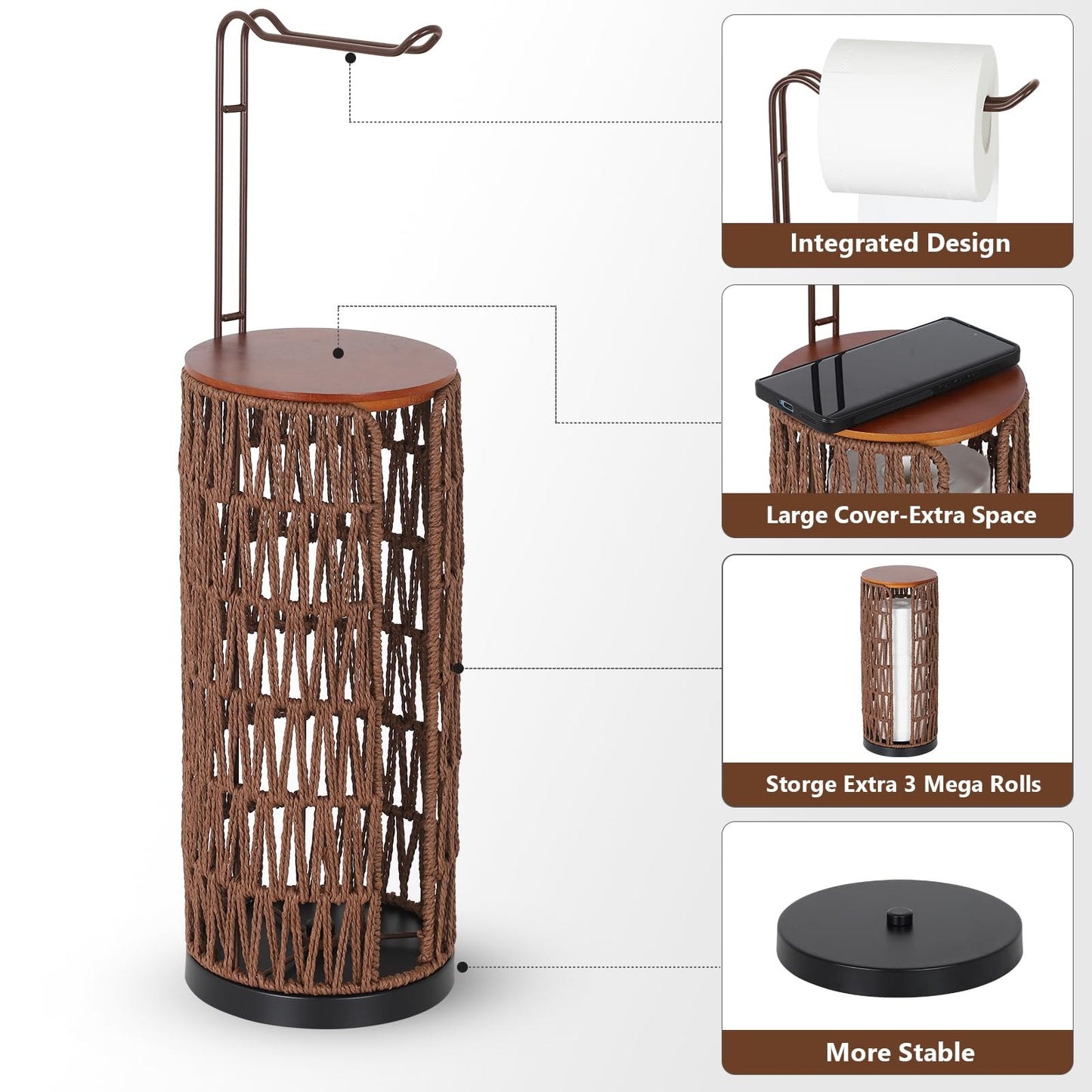 Trongee Freestanding Toilet Paper Holder with Storage,3 Rolls of Rattan Tissue Holder for Bathroom,Woven Toilet Paper Roll Holder Stand,Boho Bathroom Decor Farmhouse Toilet Paper Storage-Deep Brown