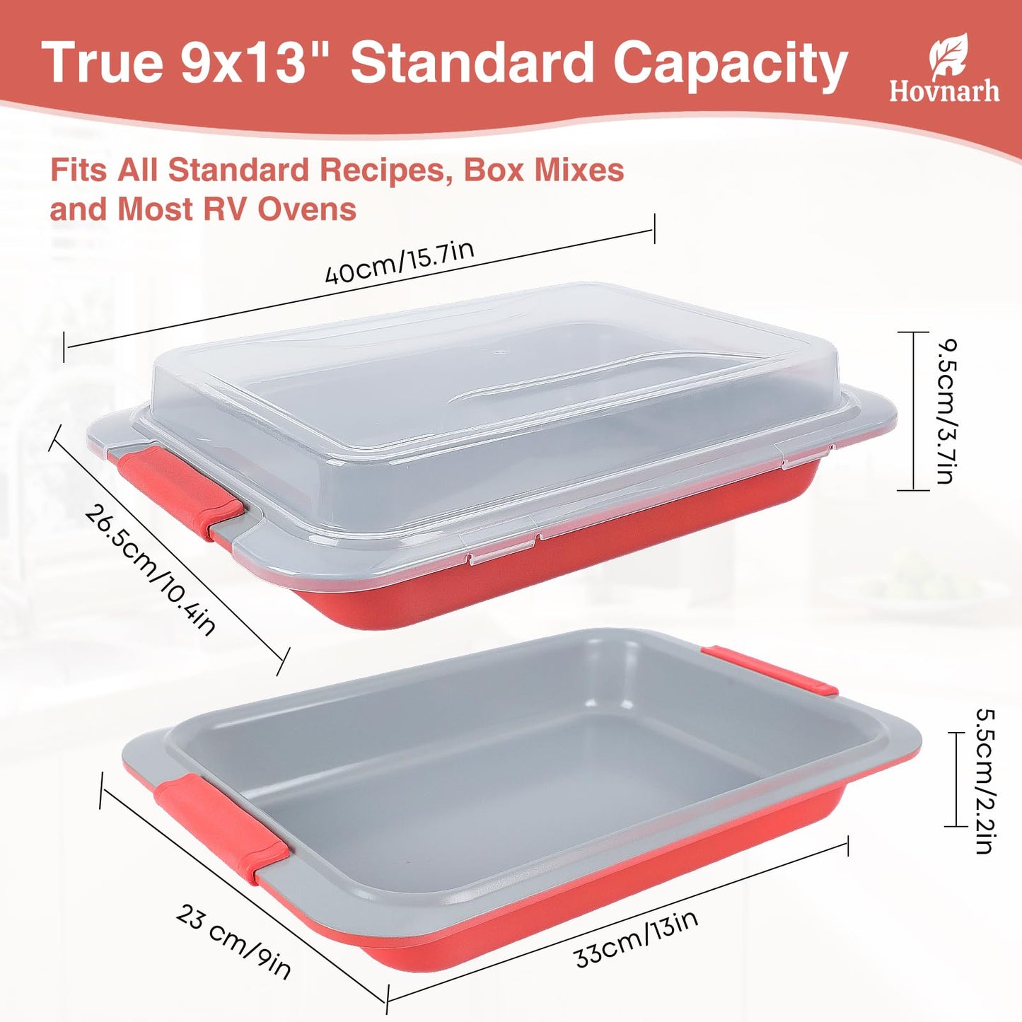 9x13 Baking Pan with Lid, Deep Nonstick Covered Cake Pan for RV & Convection Oven, Heavy Duty Warp-Resistant Pan with Silicone Handles, Snap-On Cover for Meal Prep, Storage, Transport (Coral Red)