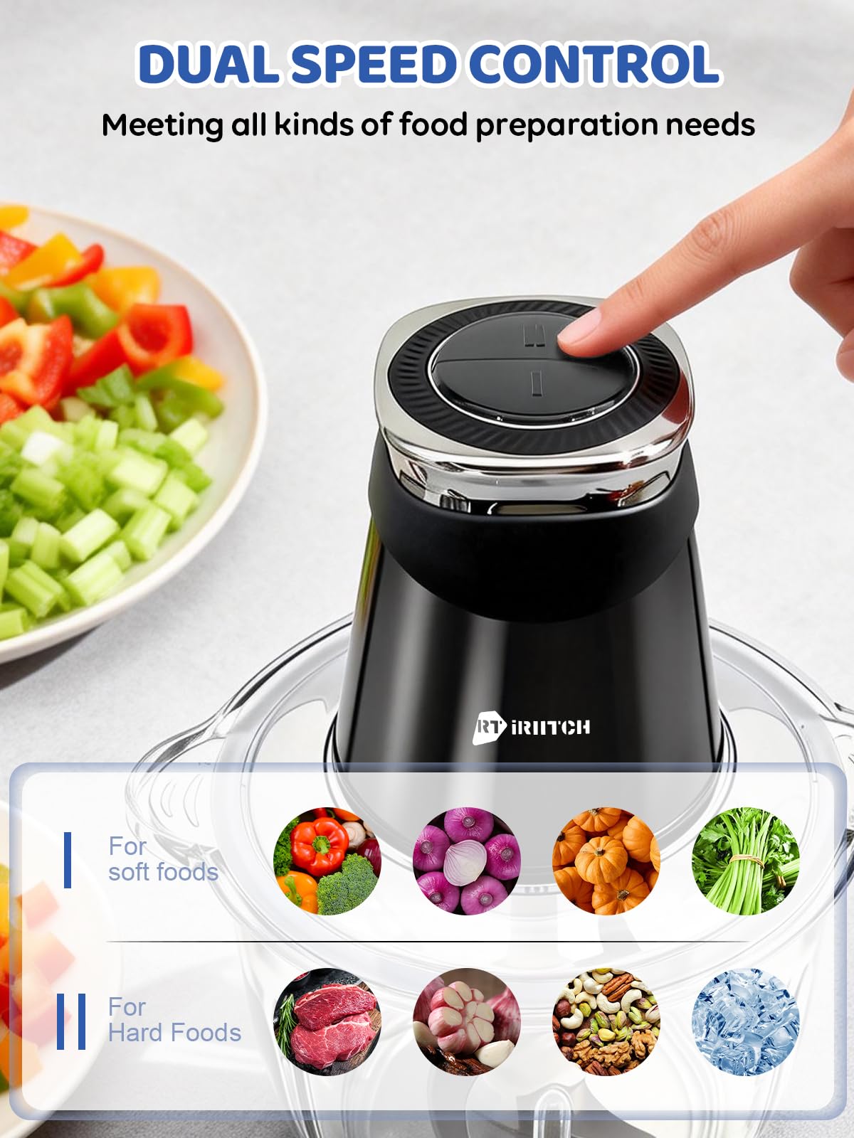 Food Processor, 500W Electric Food Chopper with 2 Bowls (10 Cup+5 Cup) & 2 Bi-Level Blades&, Small Meat Electric Grinder Processor for Meat, Vegetable, Onion, Garlic, Nuts, and Baby Food