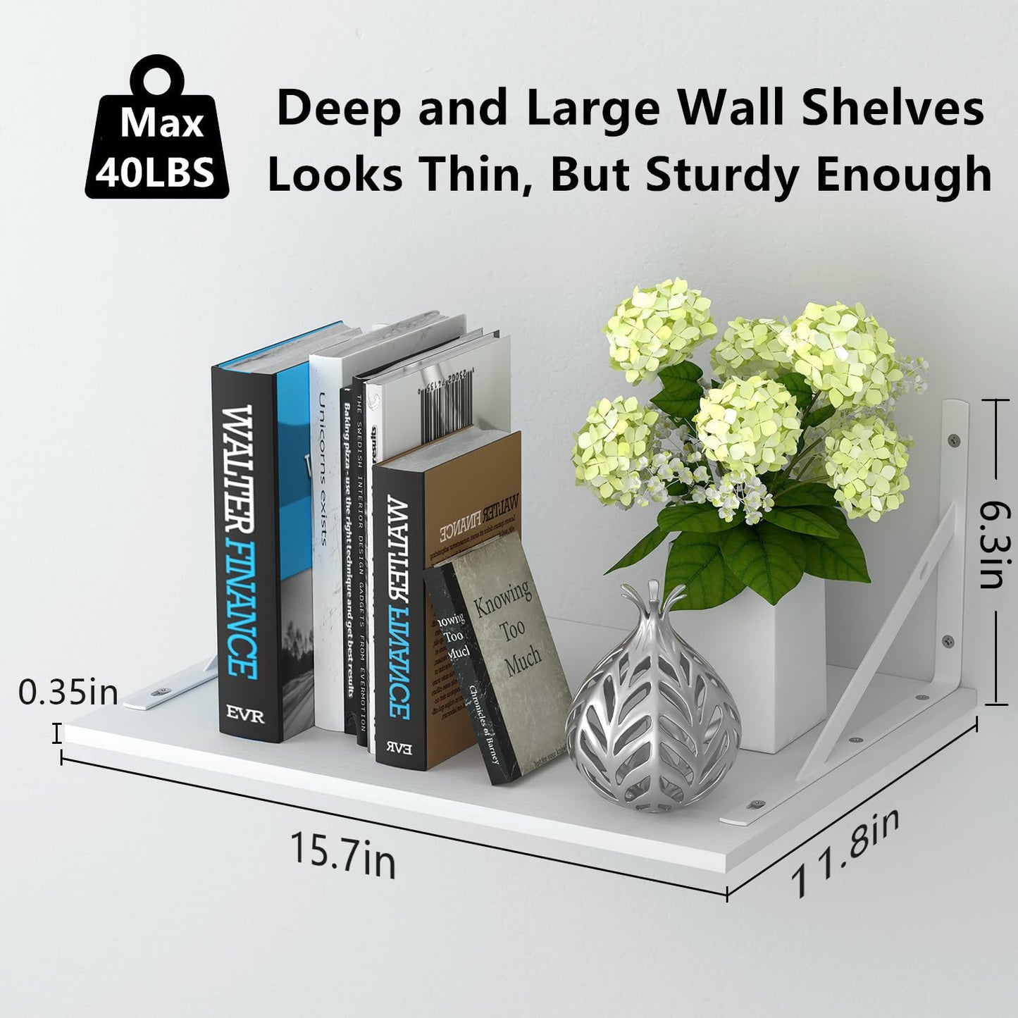Dushikent Deep Floating Wall Shelves - 4 Sets of 12 Inch Wide White Wood Shelves for Bathroom, Bedroom, Kitchen, Living Room