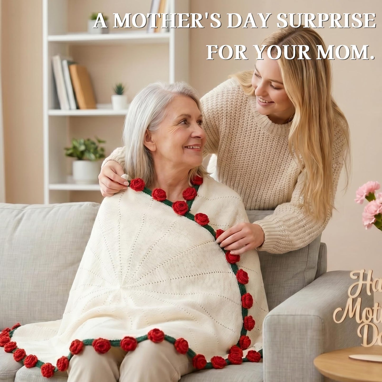 cagulax Birthday Gifts for Women Mothers Day, Rose Crochet Flowers Bouquet Blanket, Anniversary Wedding Graduation Gifts for Couples Wife Girlfriend Friends, Soft Rose Knitted Blanket 43 Inches