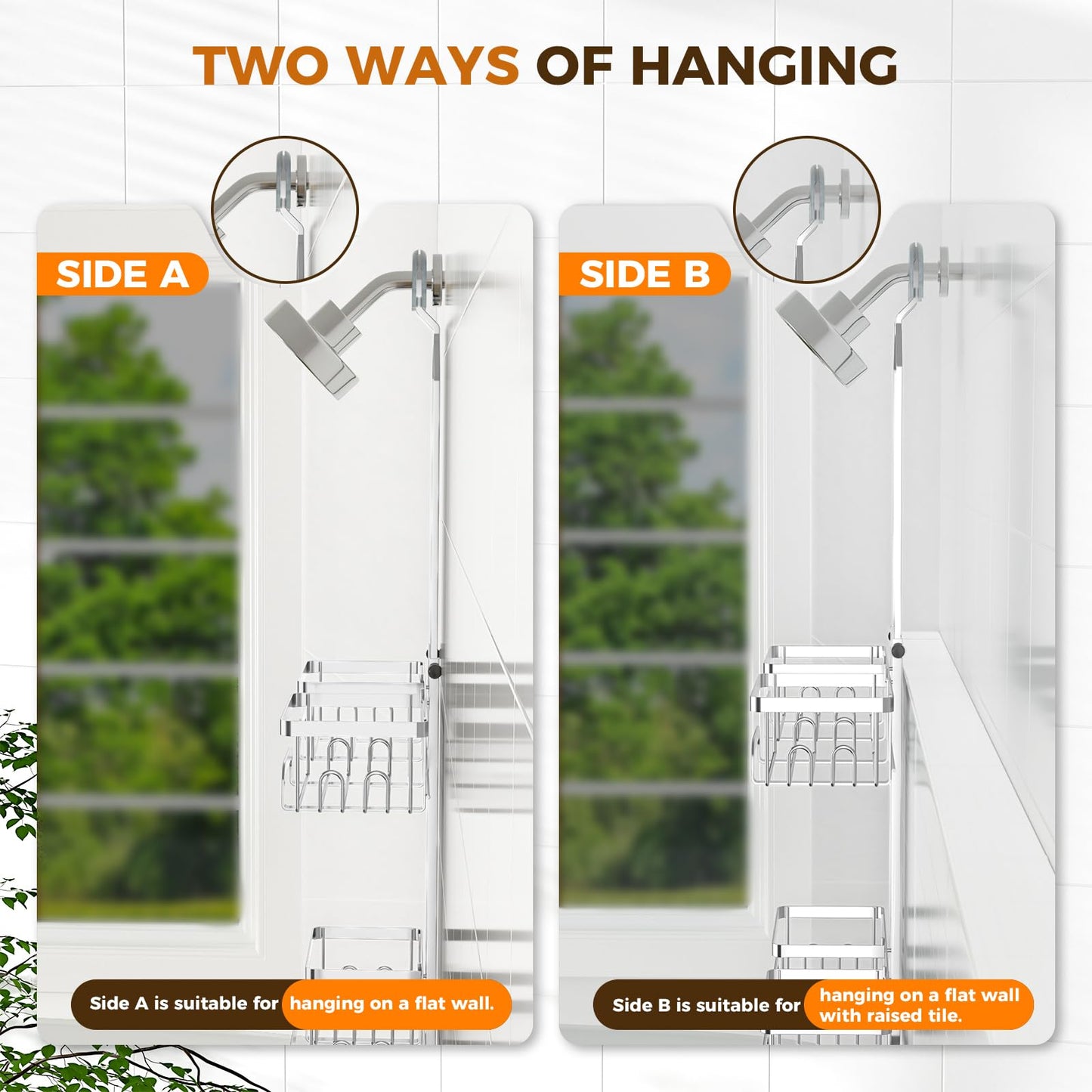 REINHARDT Adjustable Shower Caddy Hanging Split Shower Caddy for Handheld Showerheads, Rustproof Shower Organizer with Hooks for Razor Over the Head Caddy with Soap Holder Bathroom Accessories, Silver