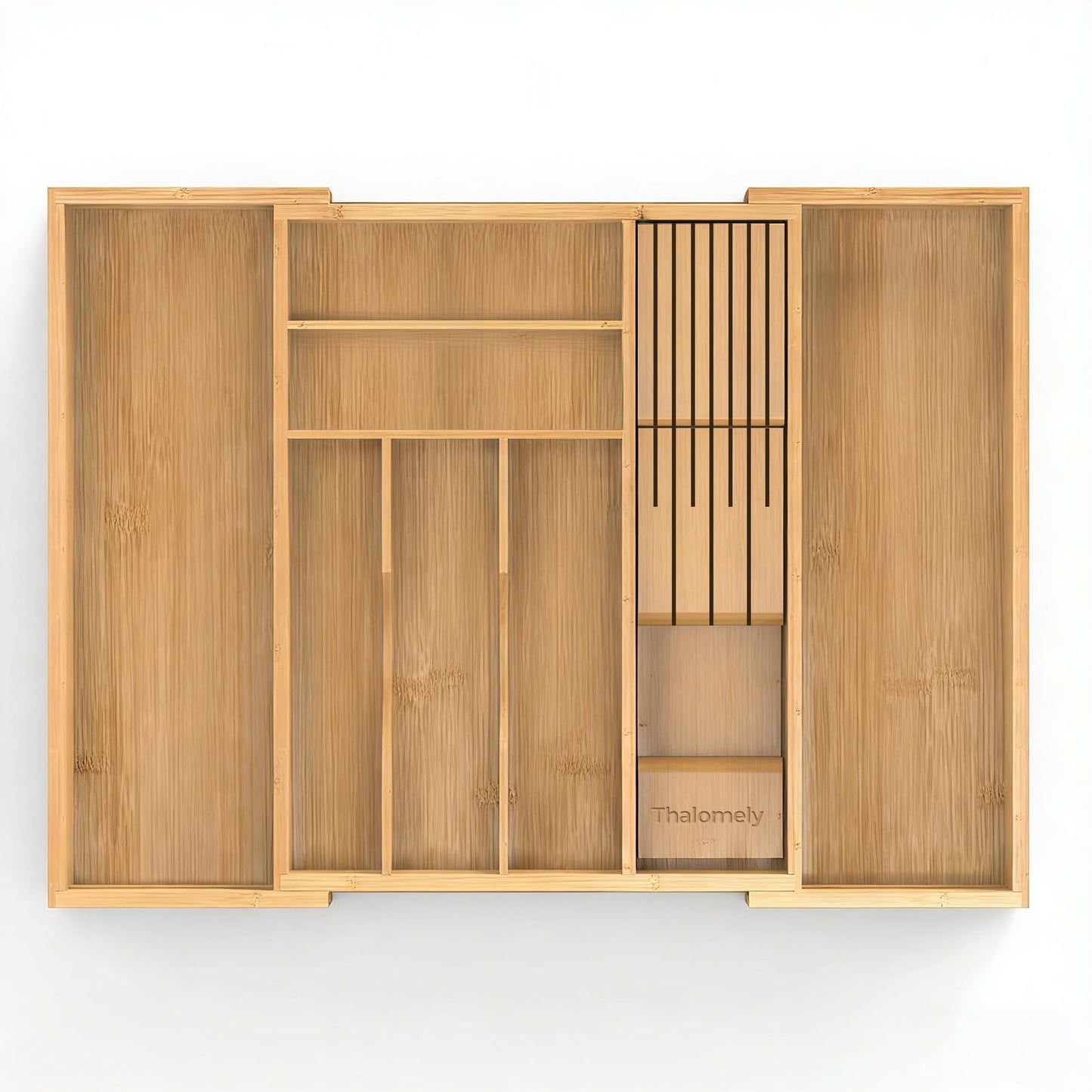 Thalomely Bamboo Kitchen Drawer Organizer, Expandable Silverware Organizer with Removable Knife Block, 6-8 Slots- Utensil Holder & Cutlery Tray Drawer Dividers, 2.36" Deep for Extra Capacity, Natural