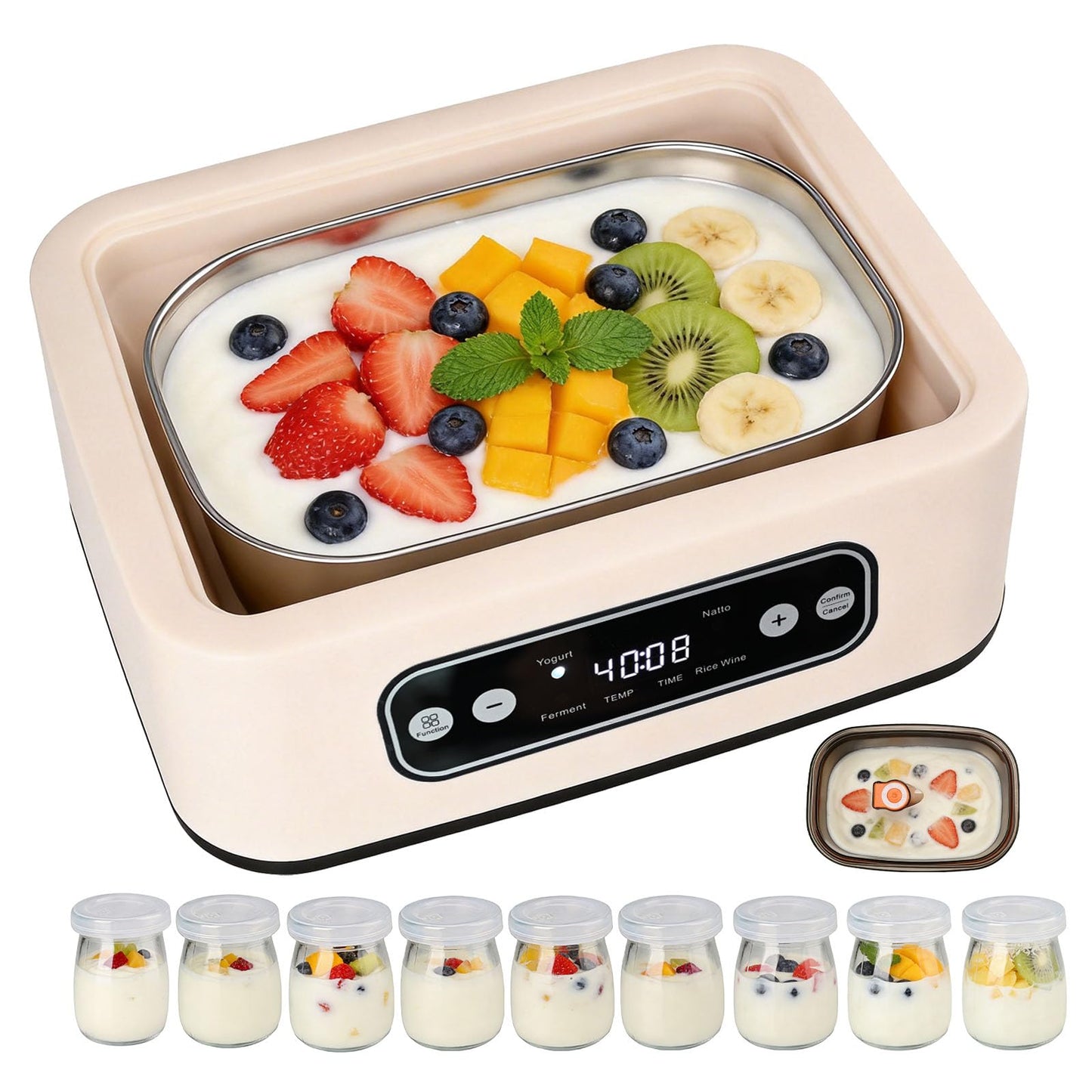 Yogurt Maker，with Timer and Temperature Control, Auto-Shutoff Feature, 1.6-Liter Stainless Steel Inner Pot + 9 Dishwasher-Safe Jars—Easily Make Fresh Probiotic Yogurt and Enjoy Natural Health