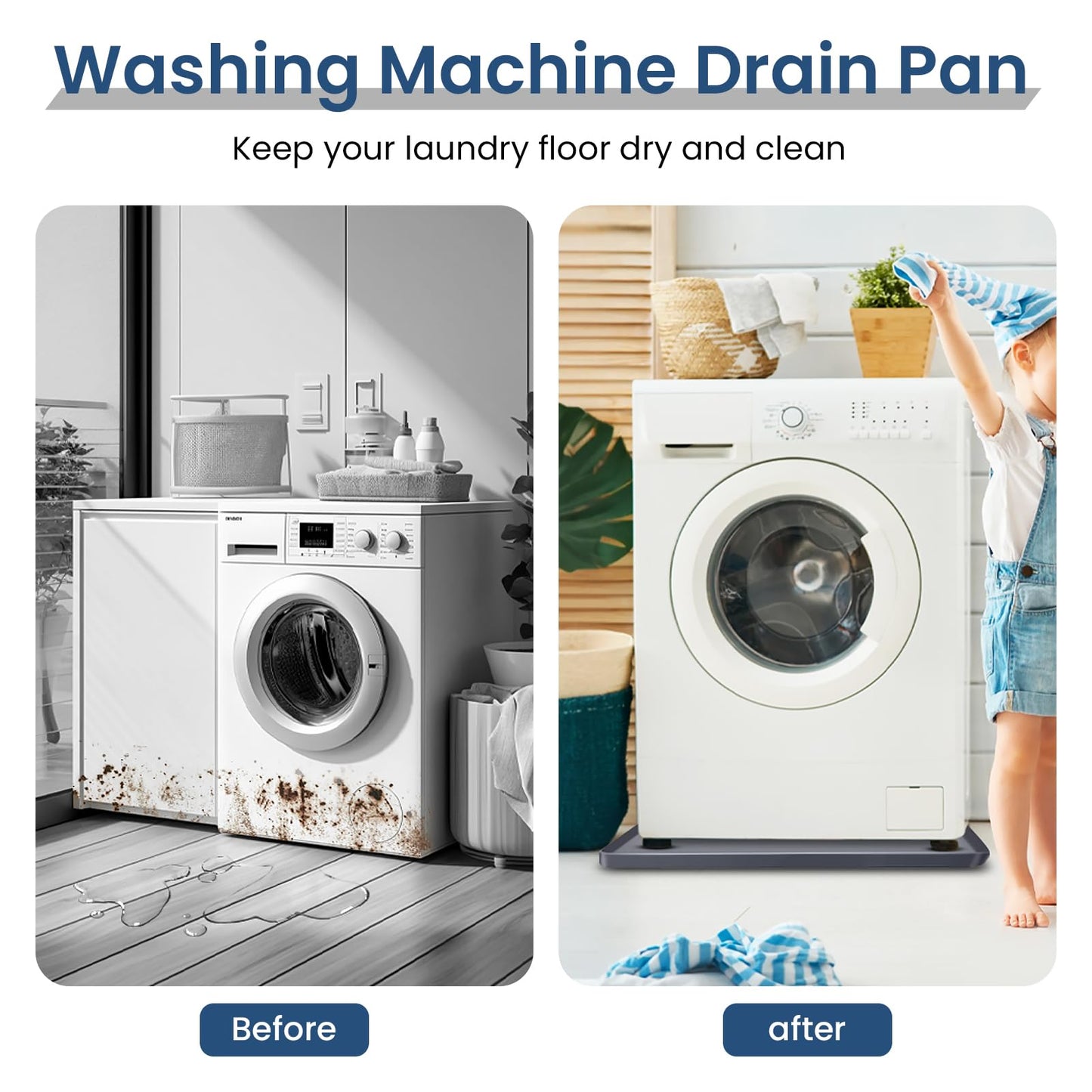 XHIKOWAT 28 x 28 inch Large Thickened Silicone Washing Machine Drain Pan - 1" Raised Edge Washing Machine Tray, Non-Slip Washing Machine Pan for Under Washer and Dryer (Grey)