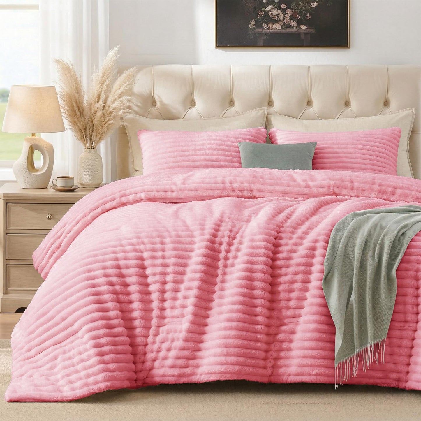 Quataly Marshmallow Queen Fleece Comforter Set Pink Faux Fur Fluffy Comforter Set Luxury Bedding Set Soft Plush Fuzzy Warm Bed Set All Season 3 Pieces (1 Shaggy Comforter, 2 Pillowcases)