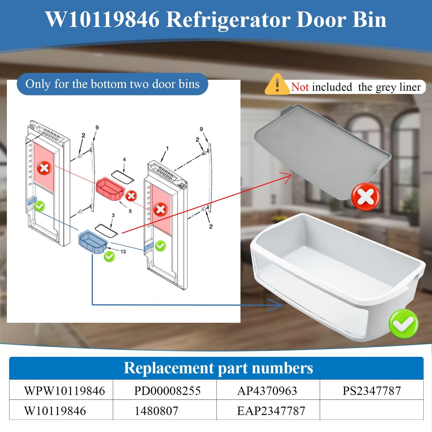 W10119846, WPW10119846 Door Shelf Bin Compatible with kitchenaid Basket-Door, Jenn-Air Refrigerator Door Bin, whirlpool door bin. Fit for KRFC302ESS00 JFC2290REP00 etc. Replacement 1480807, PS2347787