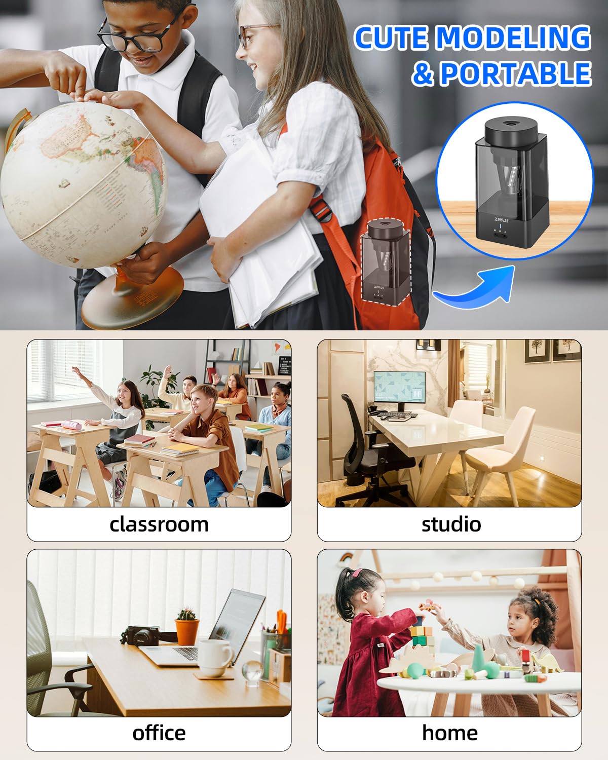 ZMOL Fully Automatic Electric Pencil Sharpener, Hands-Free Auto in & Auto Eject, Rechargeable Colored Pencil Sharpener for 6-12mm Pencils, 5 Point Settings, Auto Stop, Classroom School Teacher
