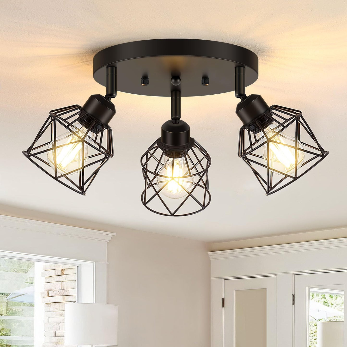 Baocuz 3-Light Kitchen Flush Mount Ceiling Light, Adjustable Multi-Directional Ceiling Light Fixture, Farmhouse Black Metal Cage Close to Ceiling Lamp for Dining Room Bedroom Hallway