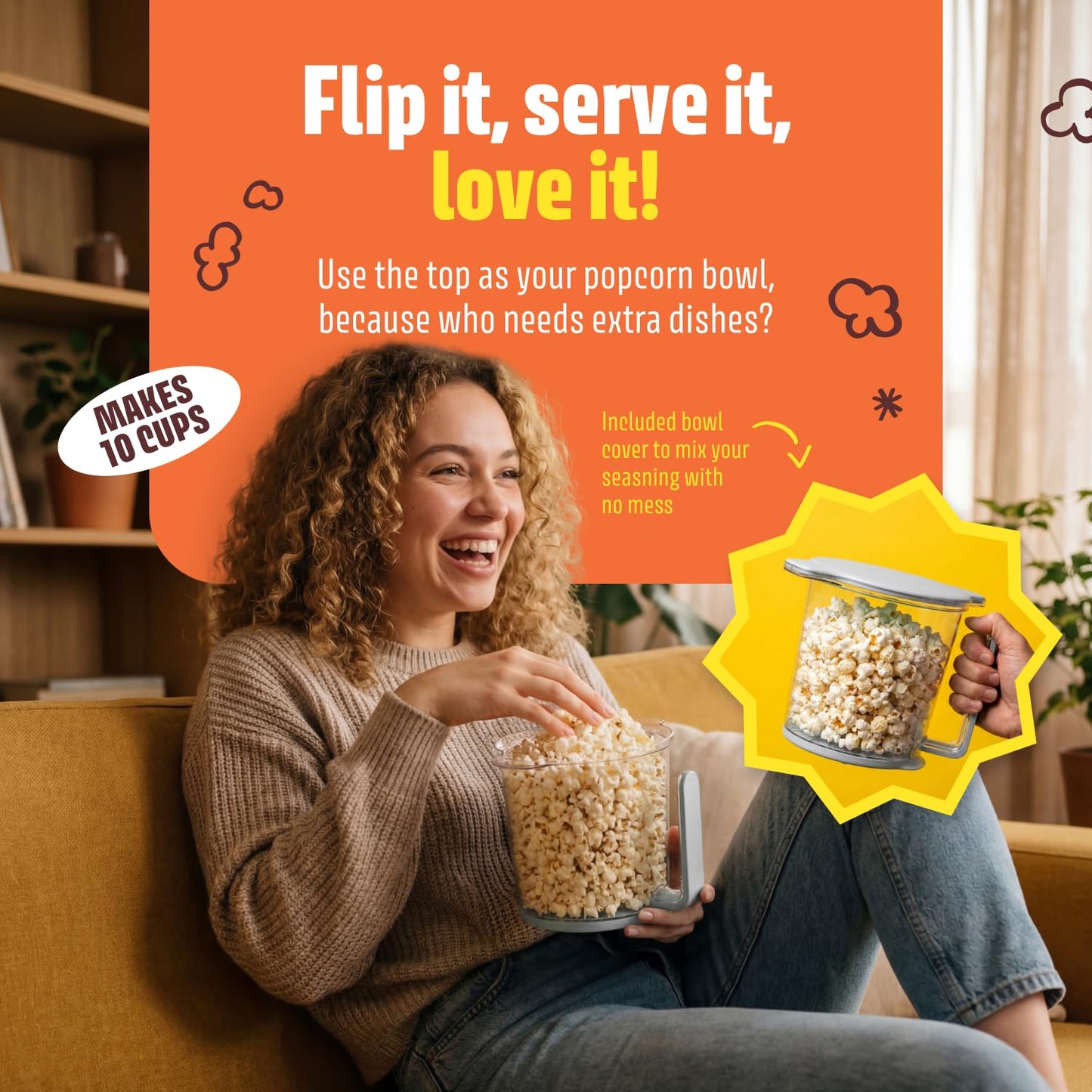 Wumple Air Popper Popcorn Machine - 10-Cup Air Pop Popcorn Maker with Measuring Cup - Hot Air Popped Oil-Free Compact Popcorn Popper - Movie Nights & Parties - Cream