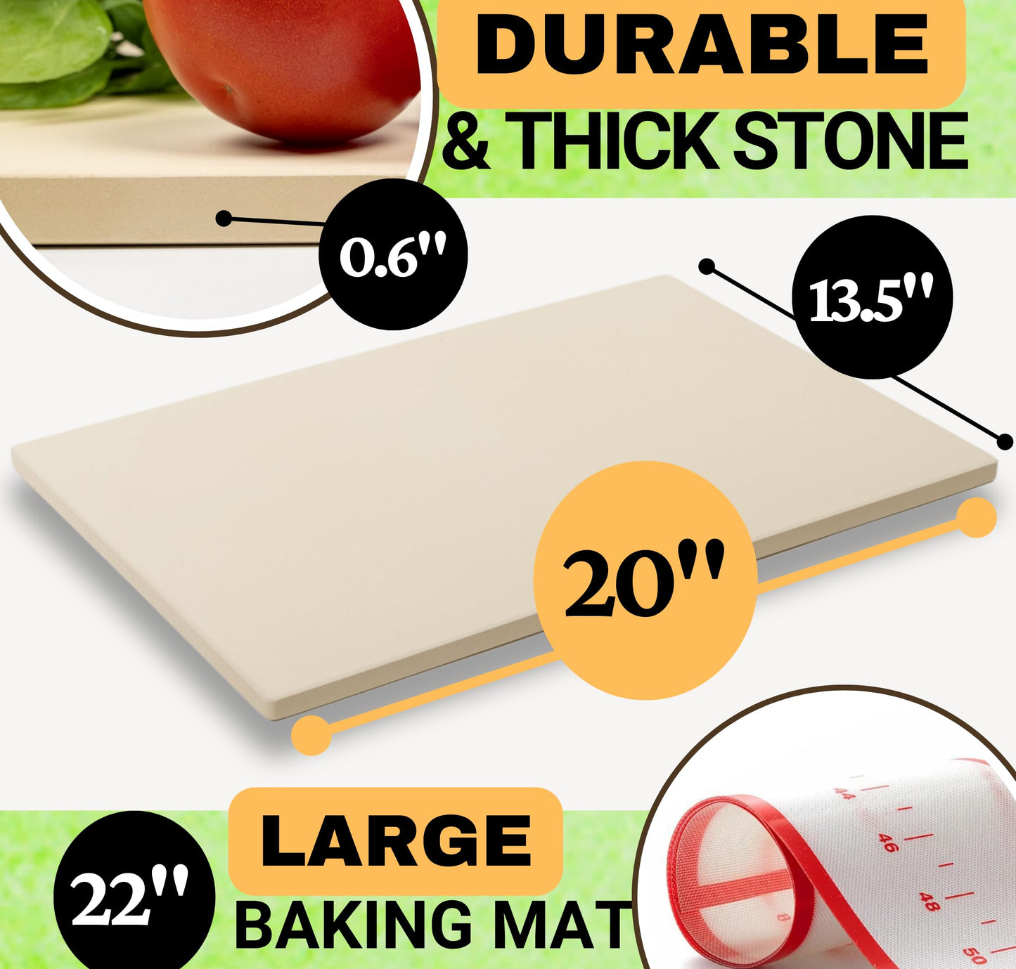 Baking Stone for Oven 20 inch, with Silicone Mat and Dough Tool - Large Baking Stone for Bread and Pizza - Oven Stone - Rectangular Cordierite Bread Stone 20" x 13.5" x 0.6"