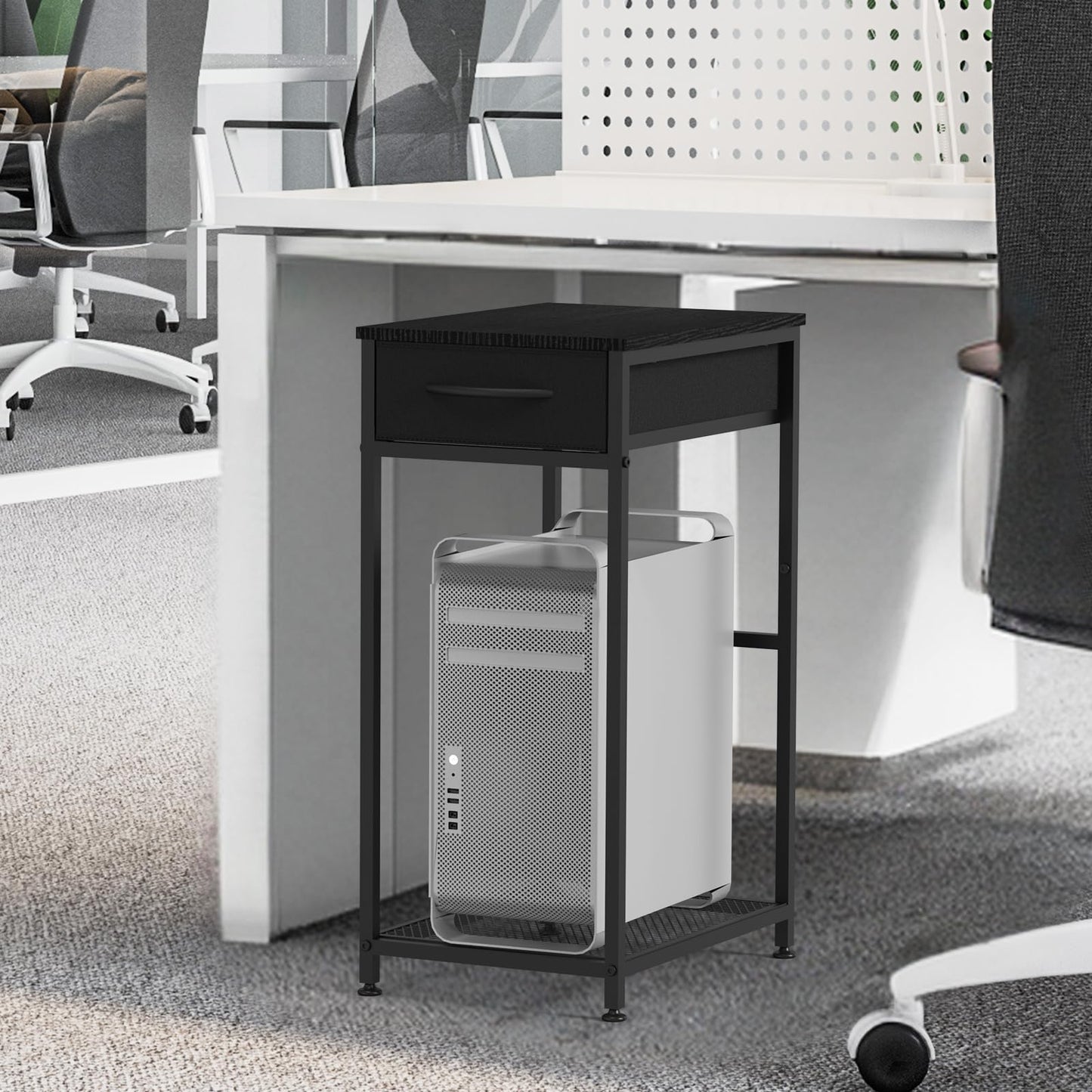 CADUKE 2 Tier PC Stand - Black Computer Tower Stand with Fabric Drawer, Modern Printer Stand with Wheels, Under Desk for Office & Study Room