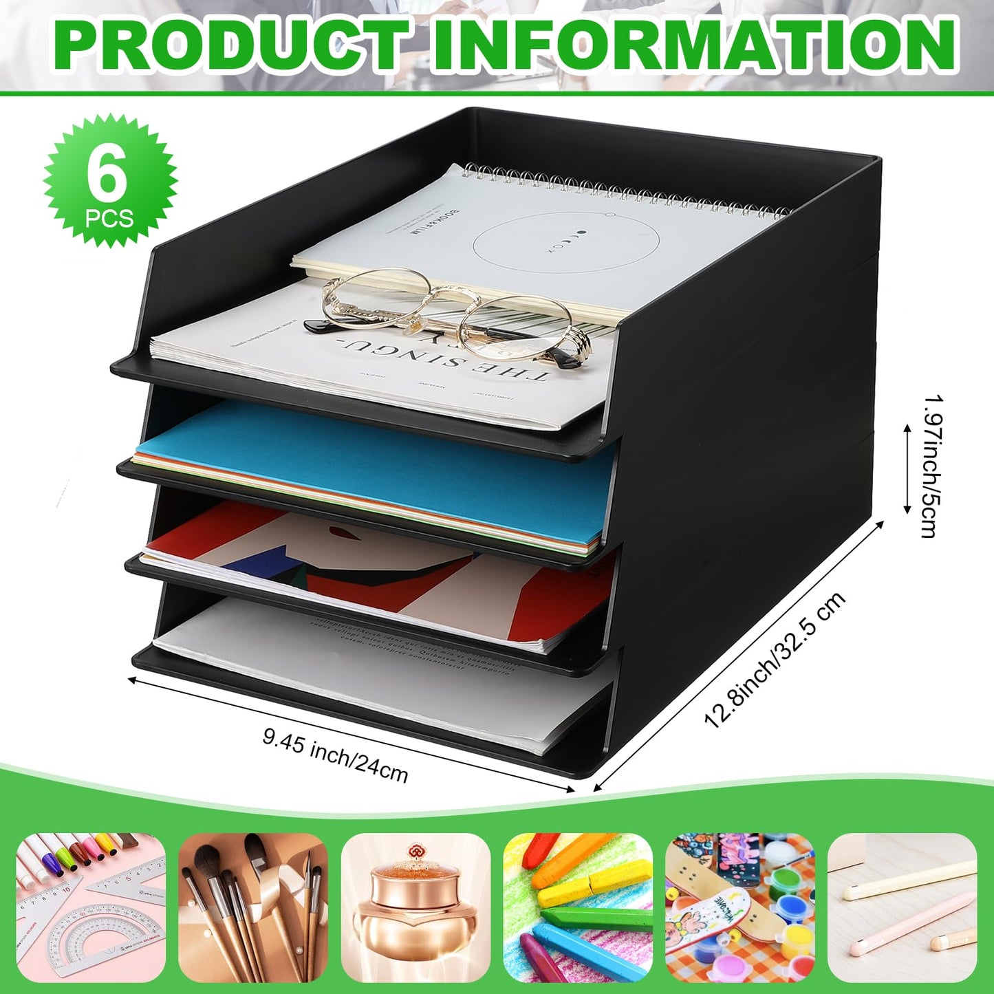 Wenqik 6 Pcs Stackable Paper Trays Rectangular Plastic Desk Holder Desktop Document File Organizer Storage Letter for Office Classroom (Black)