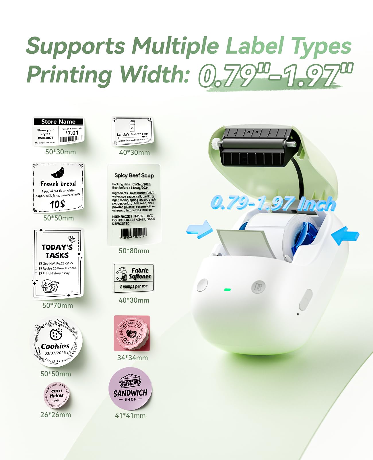 NIIMBOT B2 Label Maker Machine with Tape, Portable Bluetooth 2Inch Label Printer with Multiple Templates, Thermal Labeler for Home Kitchen Office Coffee Shop Bakery Organization, Green White