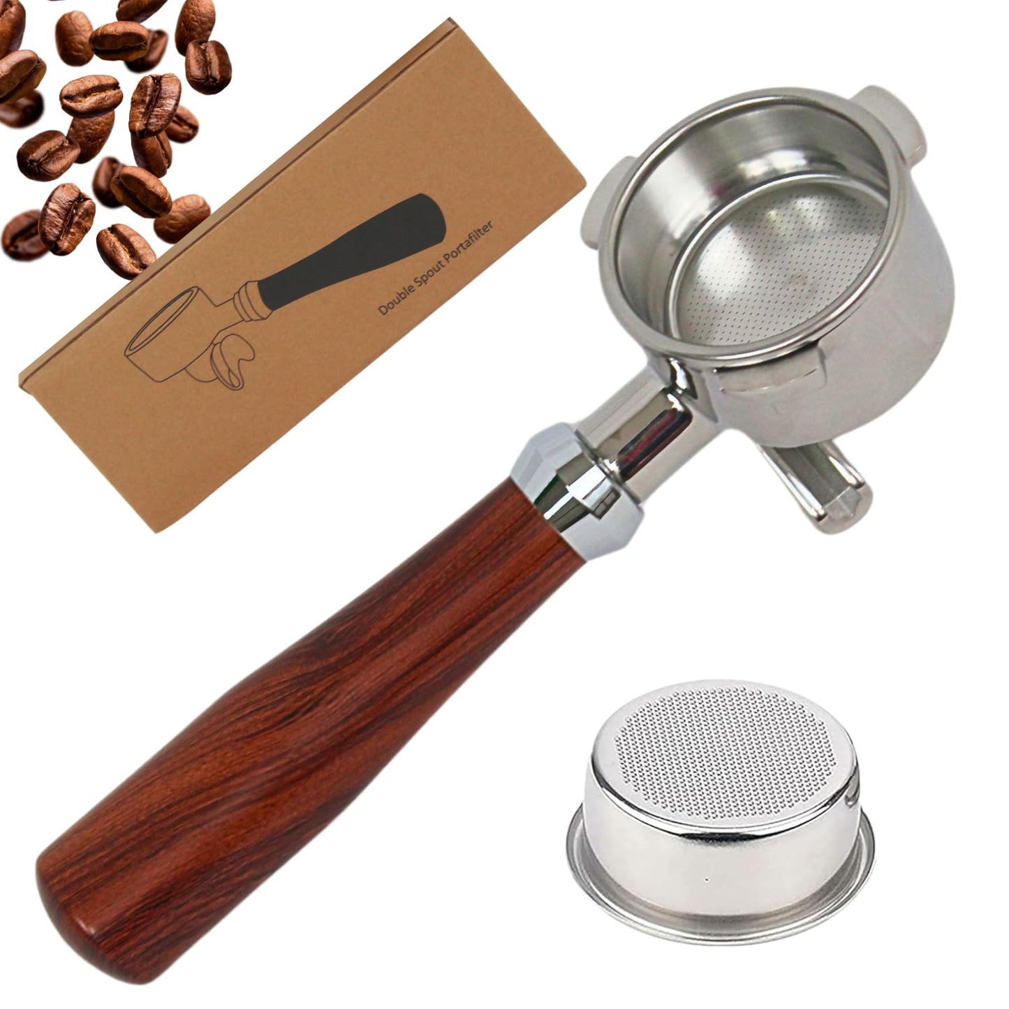 Espresso Portafilter 54mm Double Spout Compatible with Breville Bambino Plus (BES500) Infuser (BES840XL) 54mm Breville Barista Series- Wooden Handle - Stainless Steel Filter Basked Included