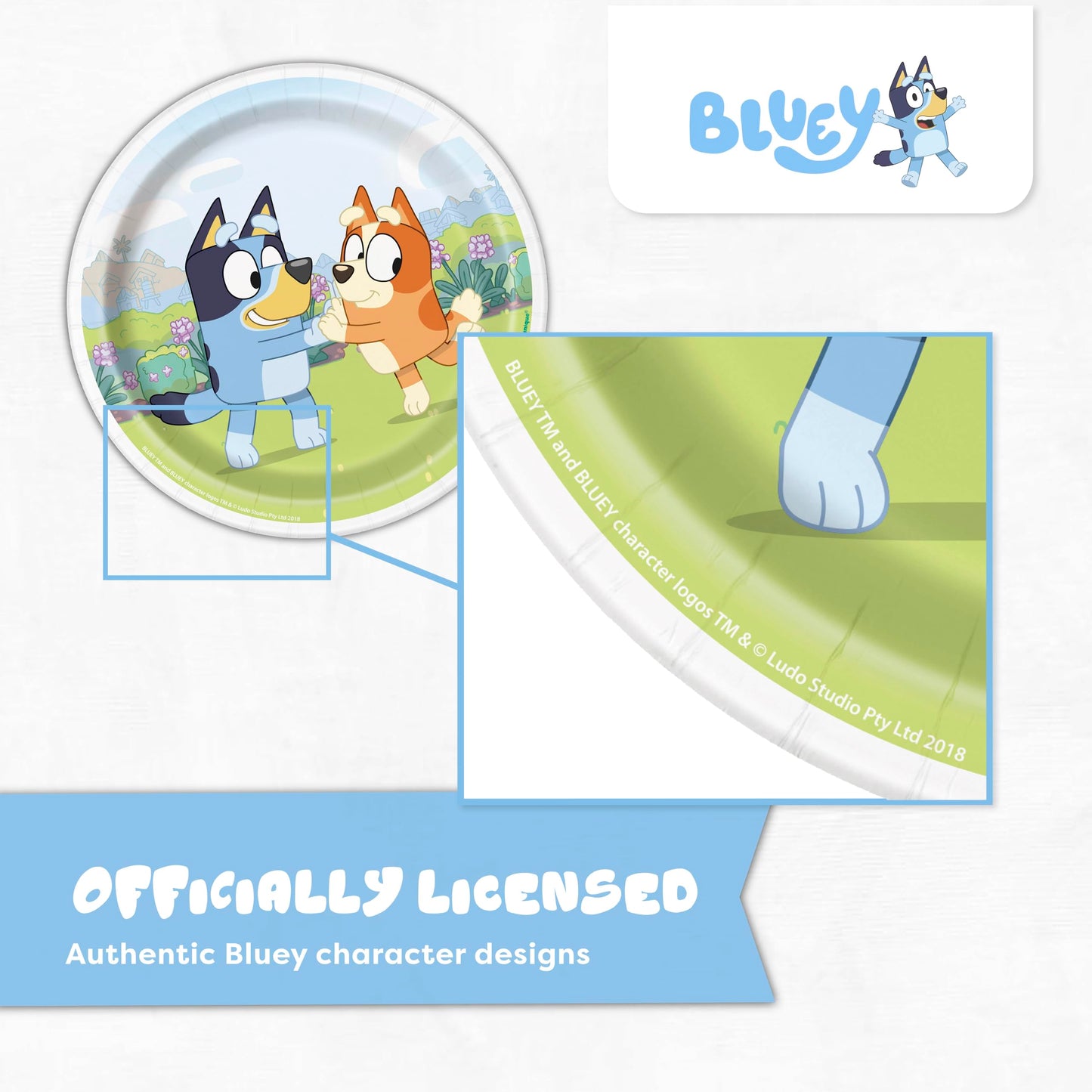Bluey Birthday Decorations for Party | 16 Dinner Plates, 16 Dessert Plates, 16 Napkins, 16 Cups, 18 Forks | With Sticker | Officially Licensed
