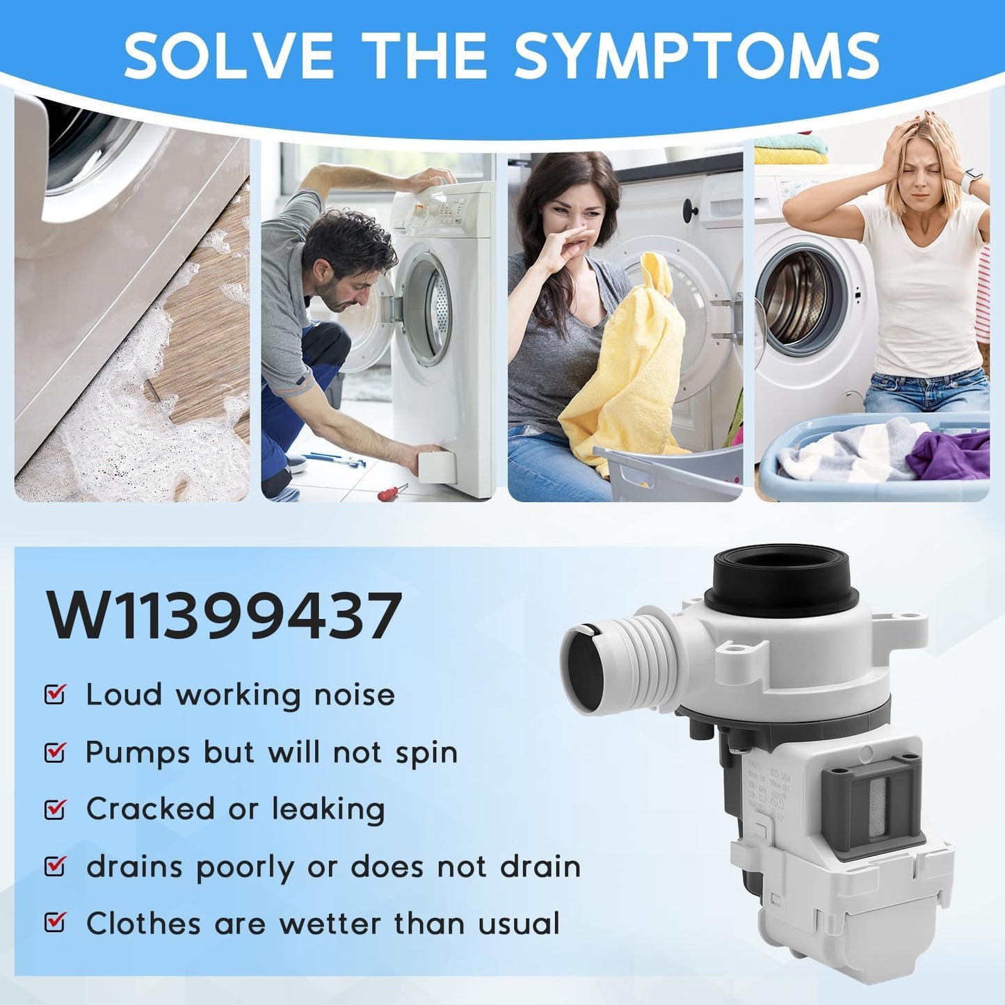 Upgraded W11399437 W11259498 Washer Drain Pump Assembly for Whirlpool WTW5000DW3 WTW5010LW0 WTW5105HW1 WTW5057LW0, for Maytag MVW4505MW1 MVW5430MW0 MVWC565FW3 MVW6200KW1 Replaces 4961028 AP6974144