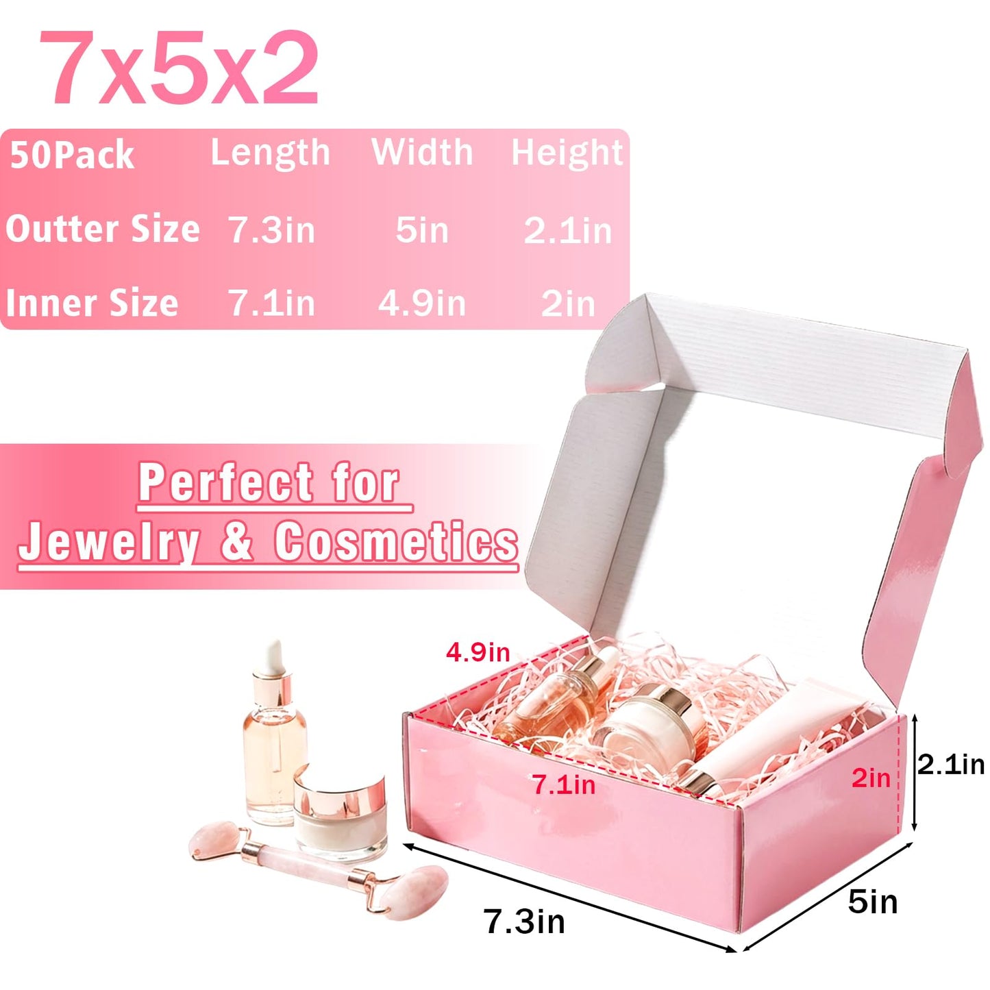 DERZIFUN 7"x5"x2" Glossy Pink Shipping Boxes, 50 Pack Corrugated Cardboard Mailing Boxes for Small Business Packaging, Shipping Phone Cases, Stationery