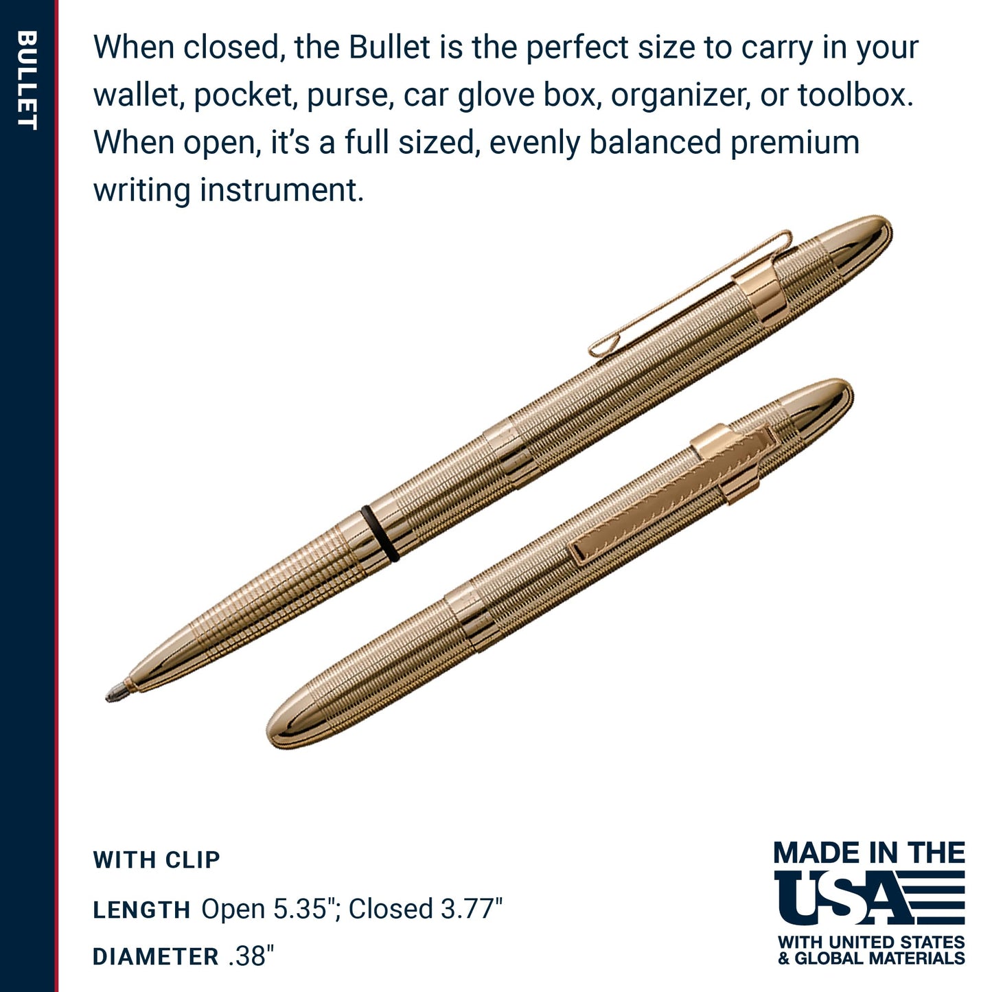 Fisher Space Pen Lacquered Brass Bullet Space Pen, Pressurized Ballpoint Pen, Compact Size, Writes Upside Down, Extreme Temperatures, Smooth Black Ink, Medium Point, Pocket Clip, Gift Box, Made in USA