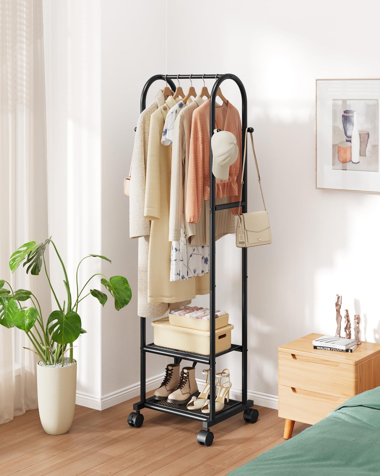 Sakugi Heavy Duty Premium Clothes Rack with 2-Tier Mesh Shoe Shelves & 4 Hooks, Lockable Wheels, Space-Saving, Multi-Functional for Bedroom, Entryway, Closet, Modern Design, 18.4" x 12.6" x 72", Black