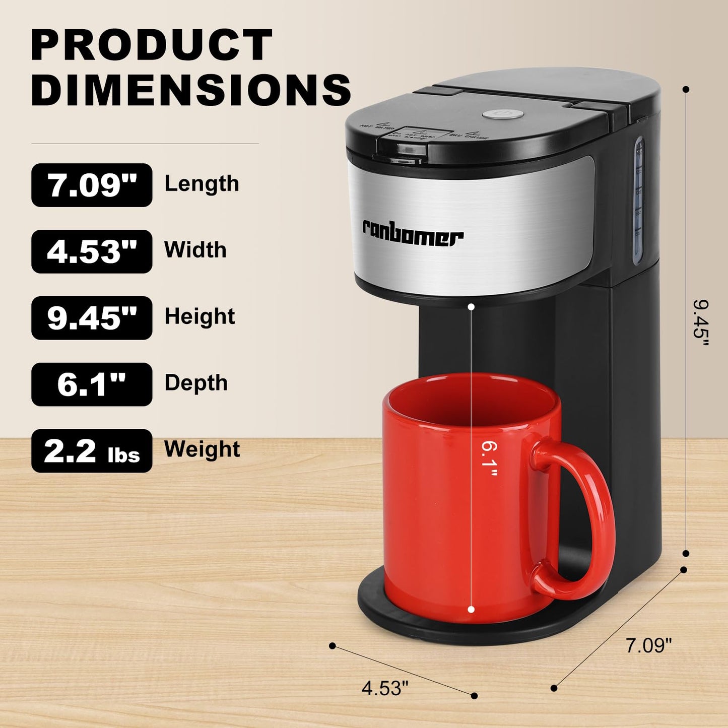 Ranbomer K Cup Coffee Maker, Single Serve coffee machine or Ground Coffee Machine 2 in 1, 6 to 14 Oz Brew Sizes, Mini One Cup Coffee Maker with Self cleaning Function, Fits Travel Mug Black