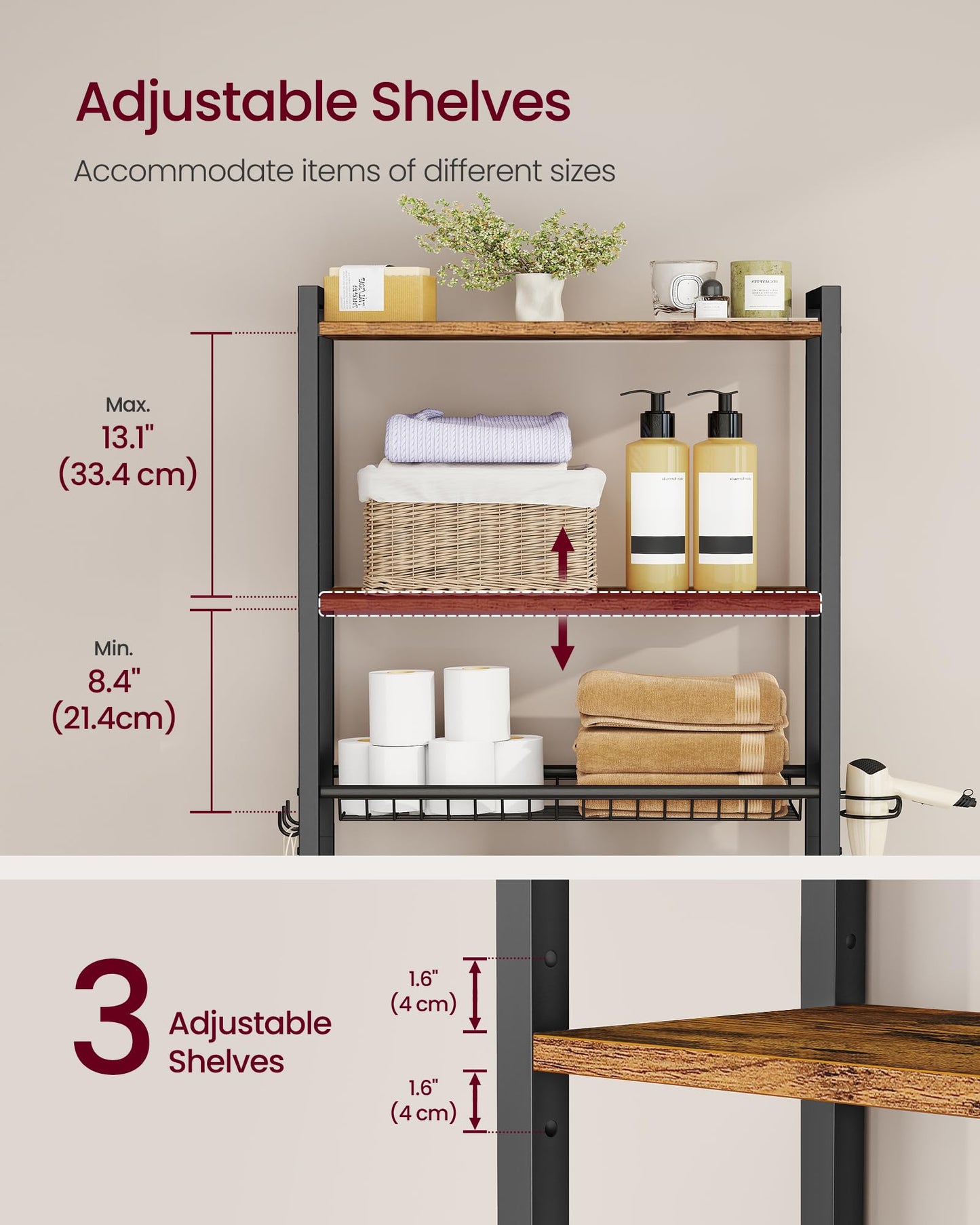 VASAGLE BARNET Collection - Over the Toilet Storage, Over Toilet Bathroom Organizer with Adjustable Shelves and Basket, 3 Hooks, Space Saving, 9.4 x 23.6 x 63 Inches, Rustic Brown UBTS113KD01S