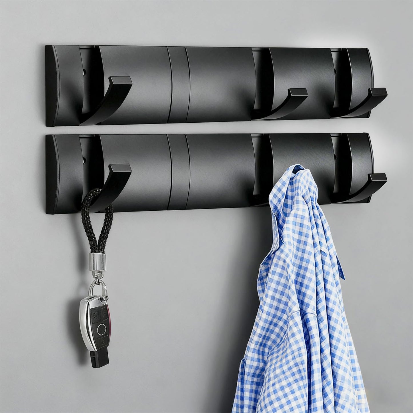 Vanloory Folding Coat Hooks, Wall Mounted Coat Rack with 8 Retractable Hooks, Heavy Duty Towel Rack for Bathroom Wall Hook for Hanging Clothes Bathrobe, Stainless Steel Coat Hanger for Entryway(Black)