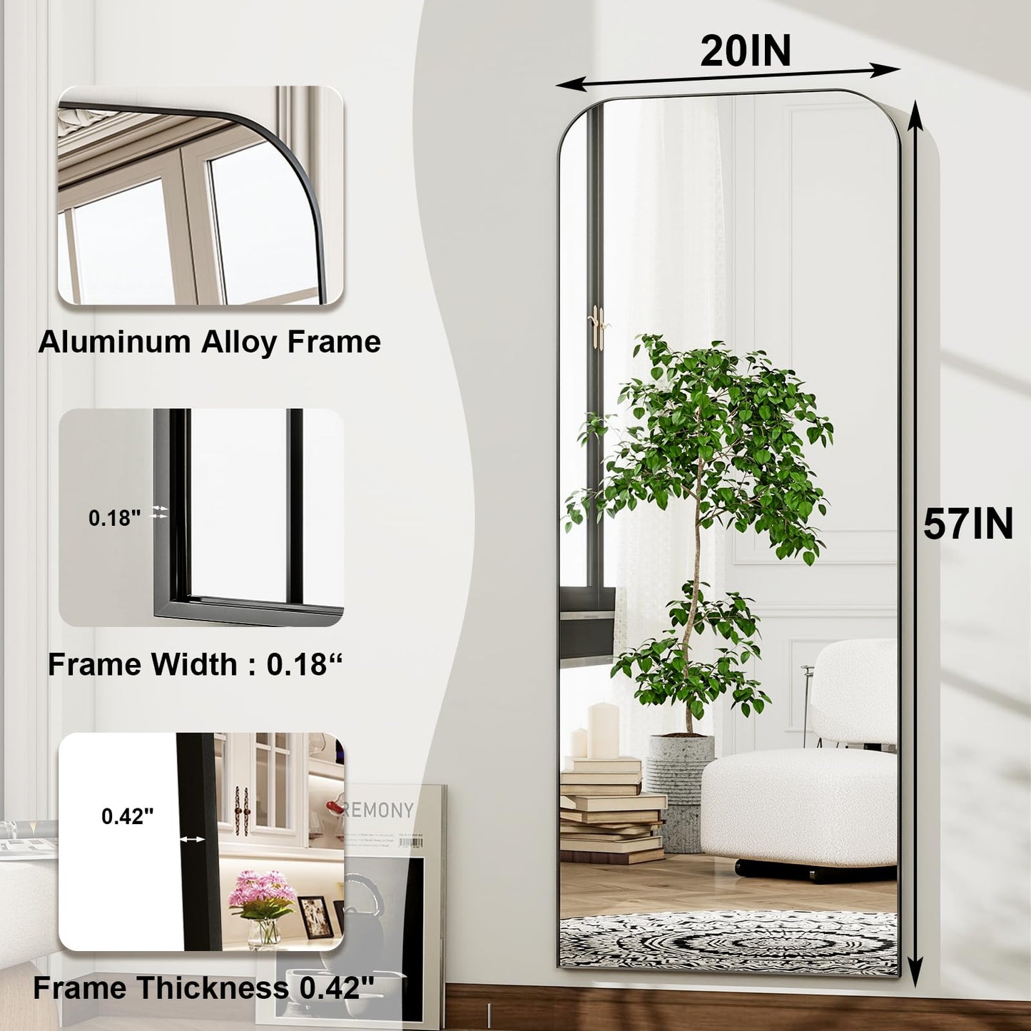 HARRITPURE 57"x20" Full Length Mirror, Black Rounded Corner Aluminum Frame Standing Mirror, Hanging/Leaning Wall Floor Mirror with Stand for Living Room Bedroom Cloakroom