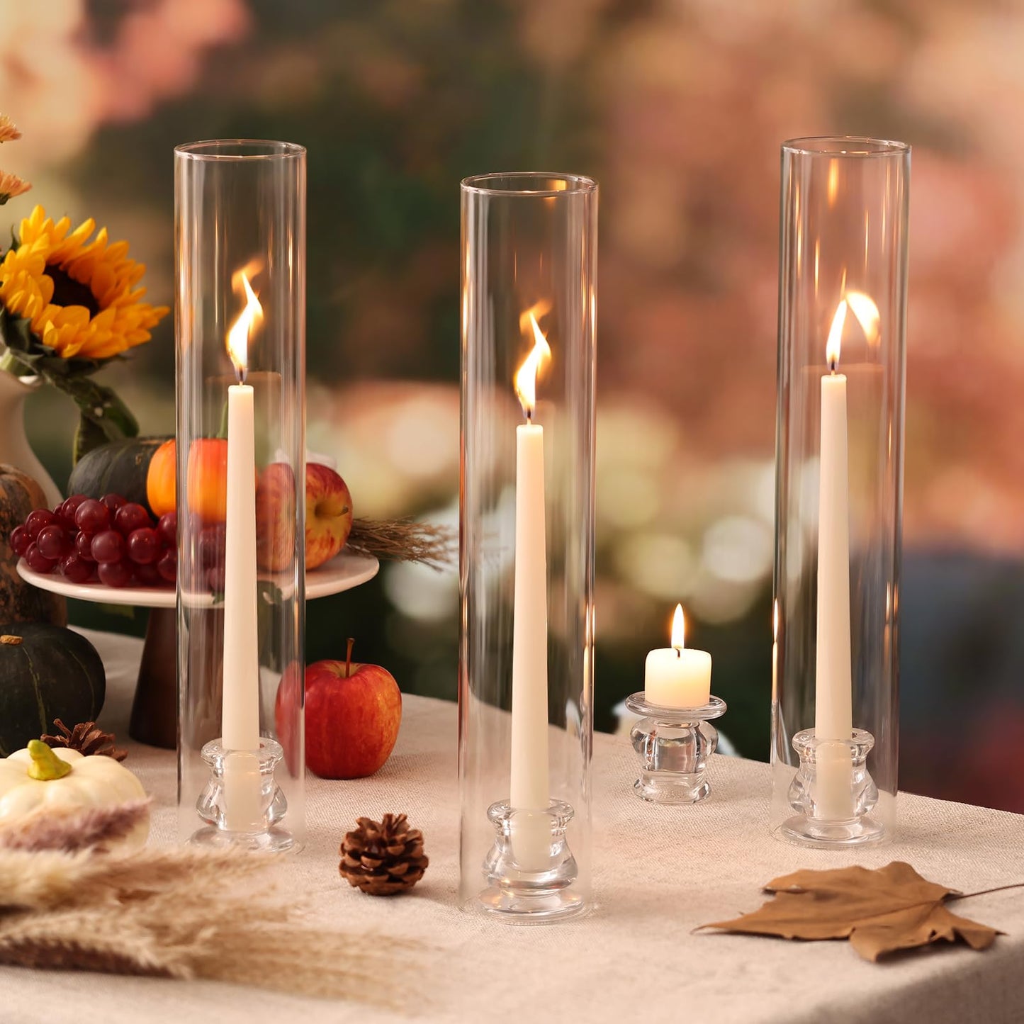 Volens Hurricane Glass Candle Holders - Set of 6 Candlestick Holders for Taper Candles with Windproof Cylinder Covers 14" Tall Clear Glass Chimney Cover for Wedding Table Centerpiece Home Decor