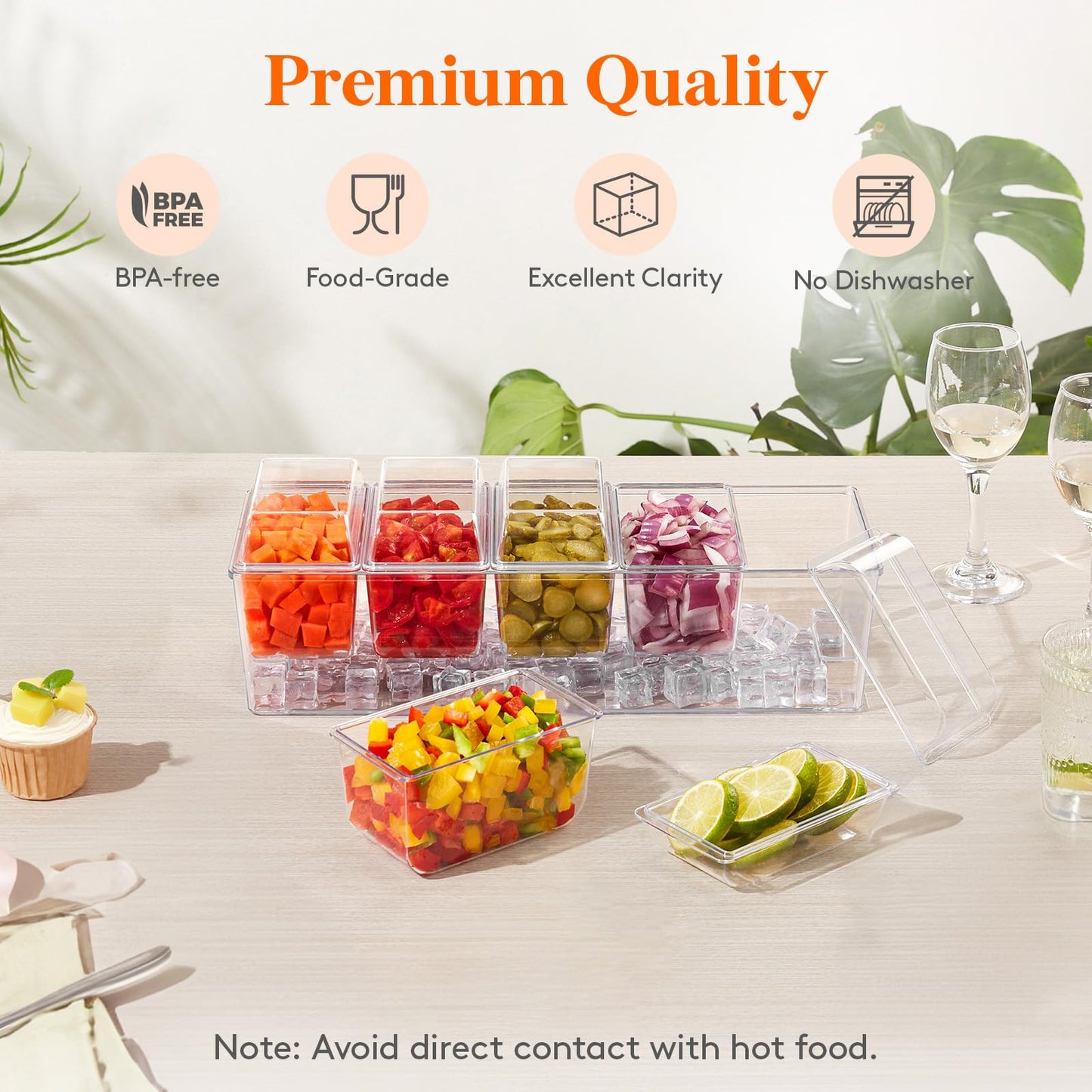 Lifewit 2 Pcs Ice Chilled Condiment Caddy with 5x20 oz Containers, Condiment Server with Separate Lid, Serving Tray Platter with Removable Dishes for Bar Fruit Salad Taco Party Garnish, 39 x13cm/15x5