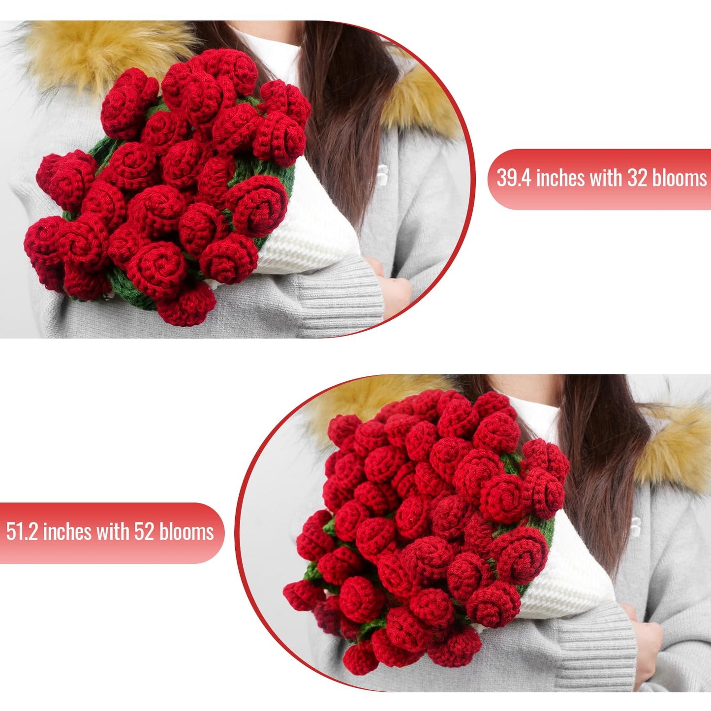 FNHMSL Crochet Bouquet Flower Throw Blanket, Handmade Knitted Bouquet Blanket with Orange Flower, Romantic Gifts for Girlfriend Mom Mother's Day/Birthday/Wedding (Red Rose, 51X51 inch)