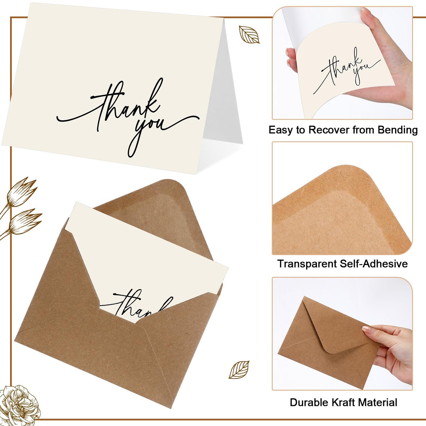 Gueevin 200 Pcs Thank You Cards with Kraft Envelopes and Stickers Bulk, 3.5 x 5 Inch Classy Blank Thank You Notes for Wedding, Business, Graduation, Baby Shower, Bridal Shower, Funeral(Cream)