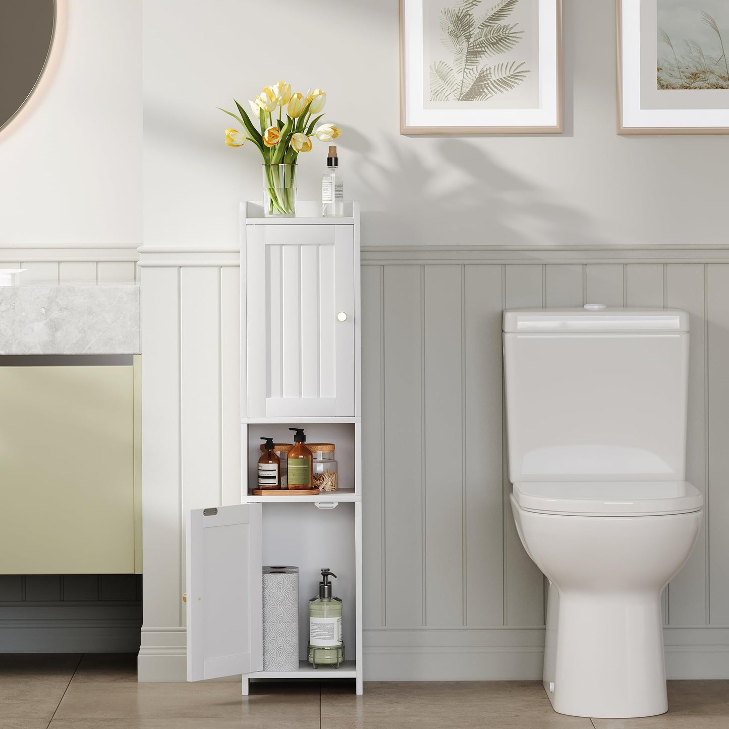 GLANZALANT Bathroom Cabinet with 2 Doors, 7.3 x 9.8 x 40.4 Inches, Small Freestanding Storage Cabinet with Adjustable Shelf, Floor Cabinet for Small Spaces, Bathroom, Entrances, Kitchen, White