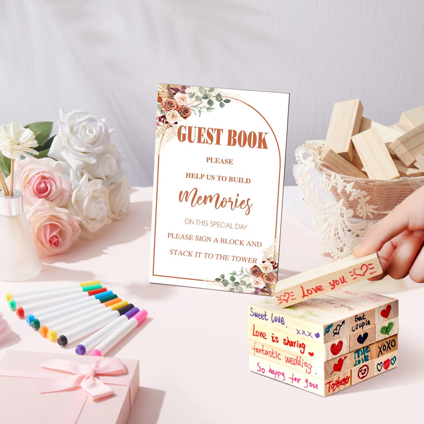 Beeveer 80 Pcs Wedding Guest Book Alternative Wooden Block Guest Book for Wedding Sign in Bridal Shower Decoration 54 Pcs Wooden Block Bridal Shower Game for Sign in, Reception(Rustic)