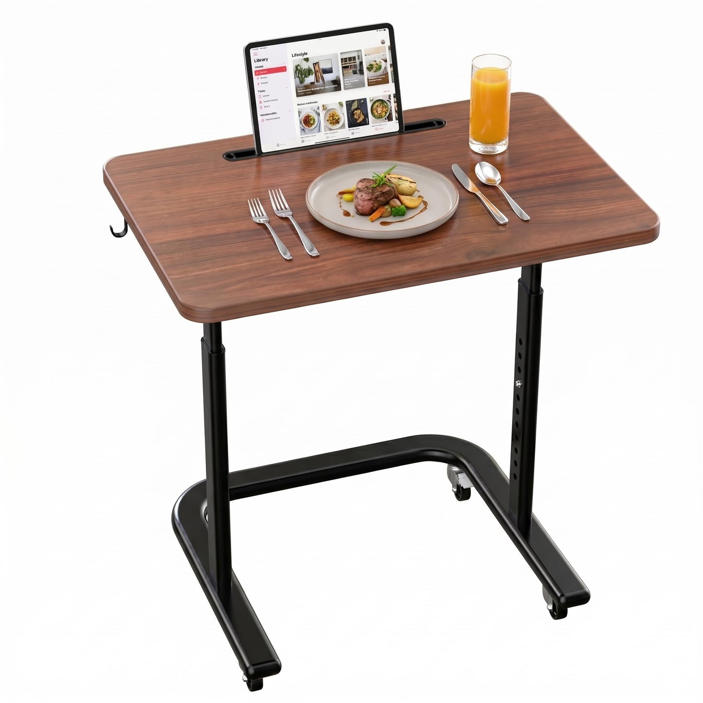 BUYIFY Height Adjustable TV Tray Table on Wheels - Rolling Laptop Desk for Bed & Sofa - C Shaped Side Table for Recliner, Small Spaces & Walking Pad-Dark Walnut- FRD1