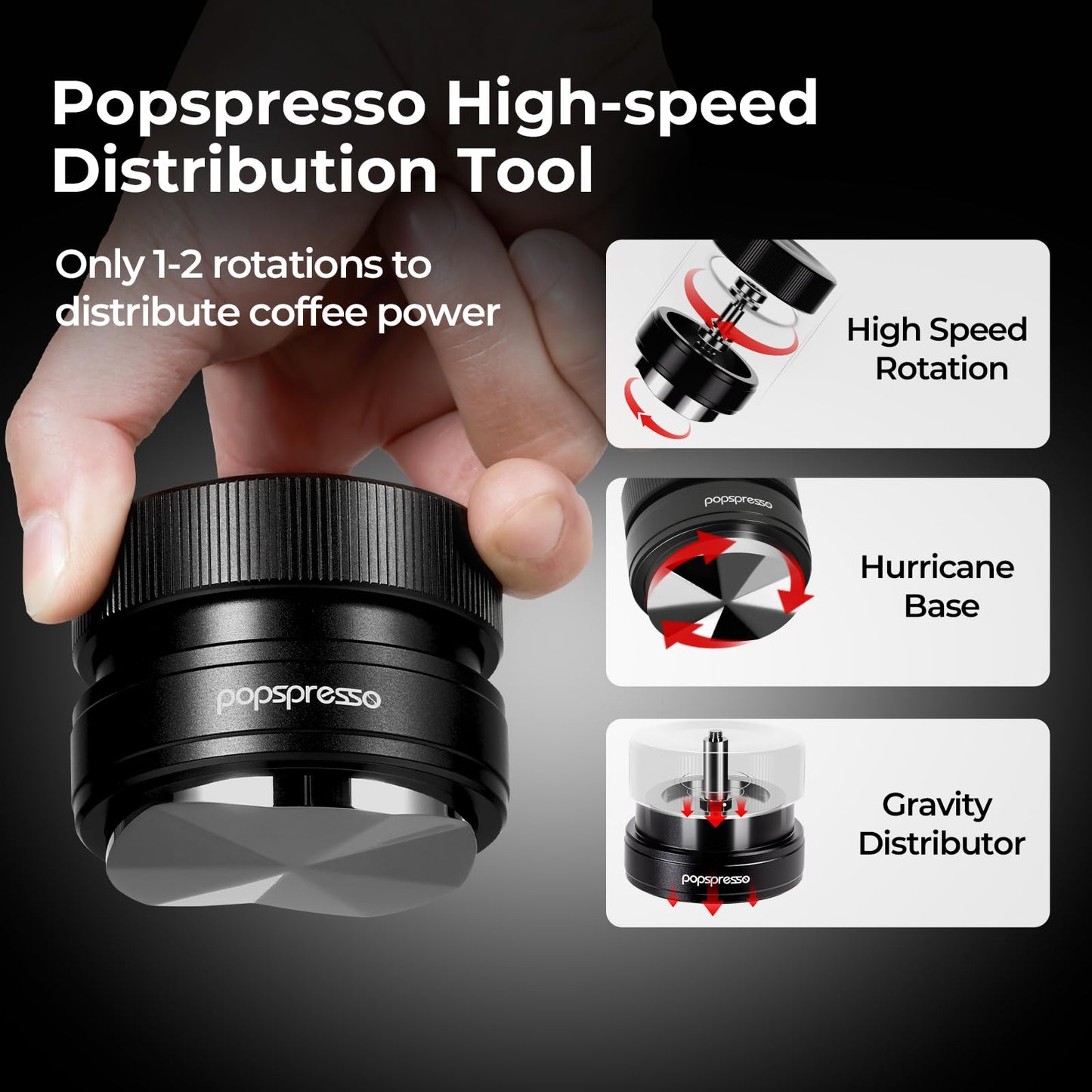 Popspresso 53.3mm Coffee Distributor, Dual Bearing & High Speed Spinning Magnetic Espresso Distributor, Coffee Leveler with 9-Blade Stainless Steel, Even Espresso Grounds in 1~2 Rotations, Non-stick